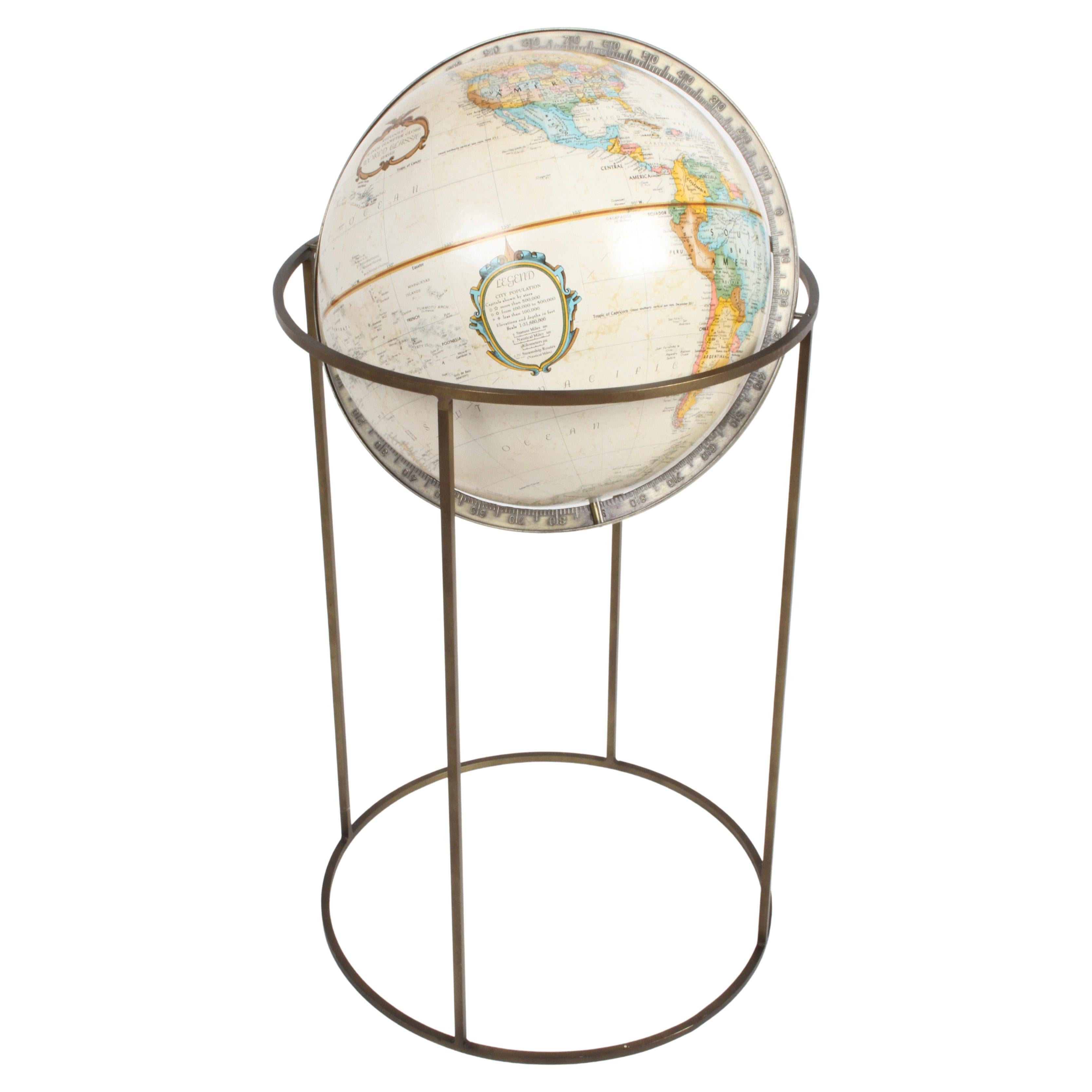 Mid-Century Modern 1970s Paul McCobb Style Brass Stand Replogle Globe For Sale