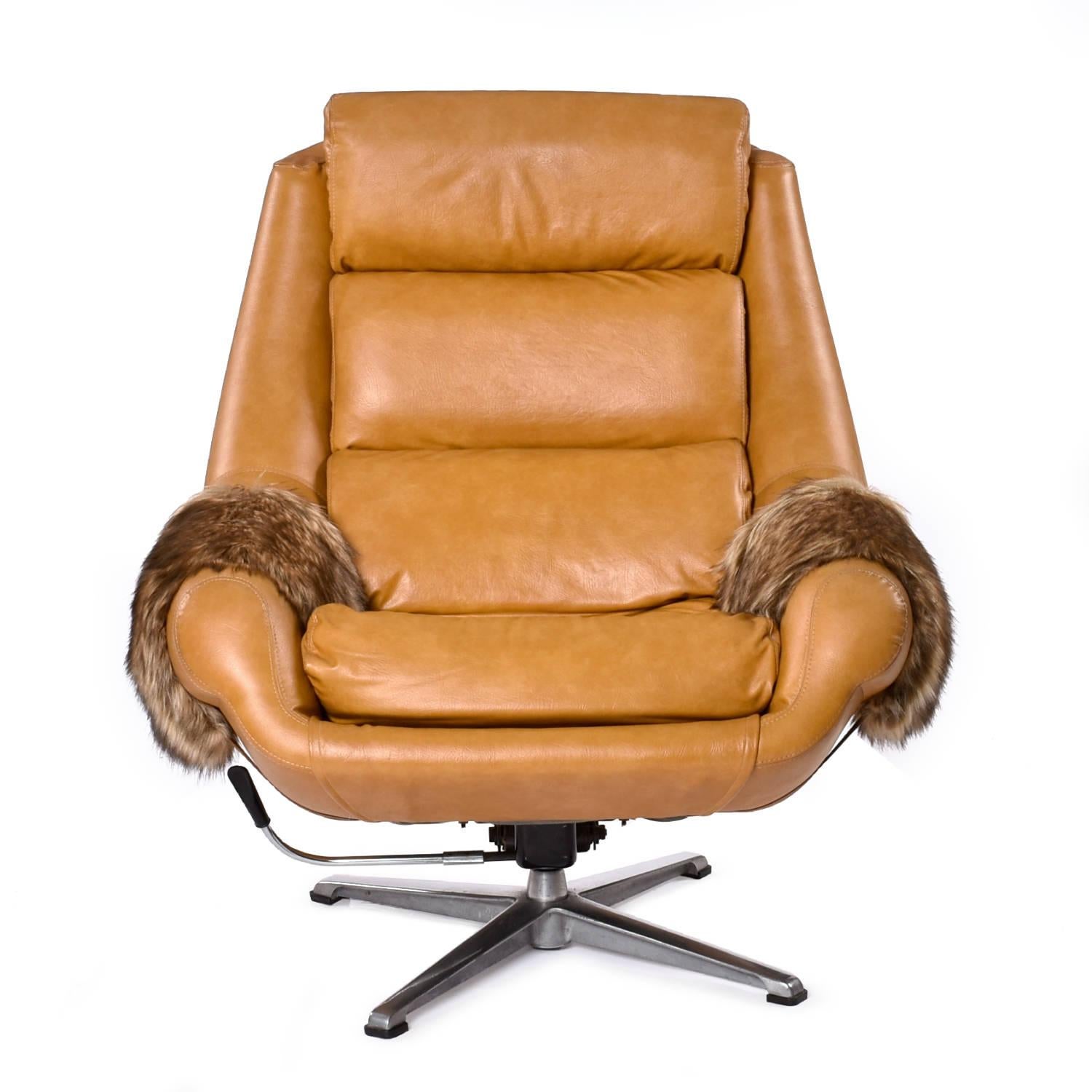 Swanky vintage 1970s pod chair recliner updated with new faux fur arms.   One of the arms had a rip, so we sealed the tear and wrapped the arms with faux fur to cover the blemish and make a bold statement.  This time capsule quality chair features