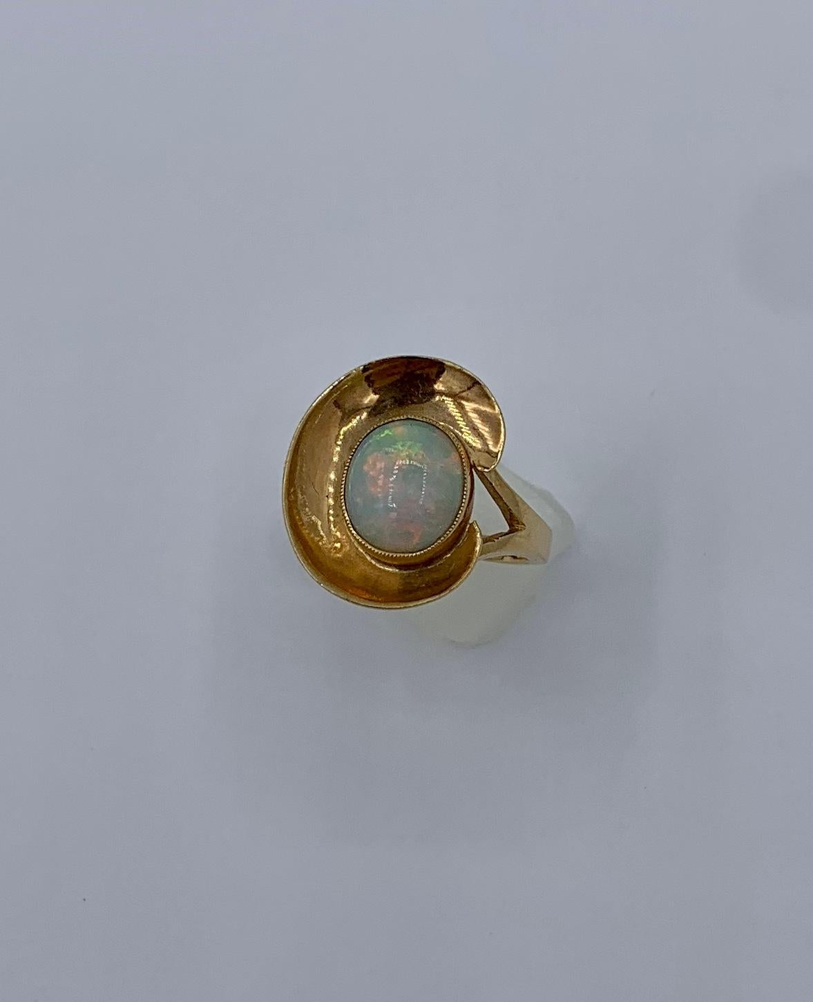 Oval Cut Mid-Century Modern 2 Carat Opal Ring 14 Karat Gold Eames Era Retro For Sale