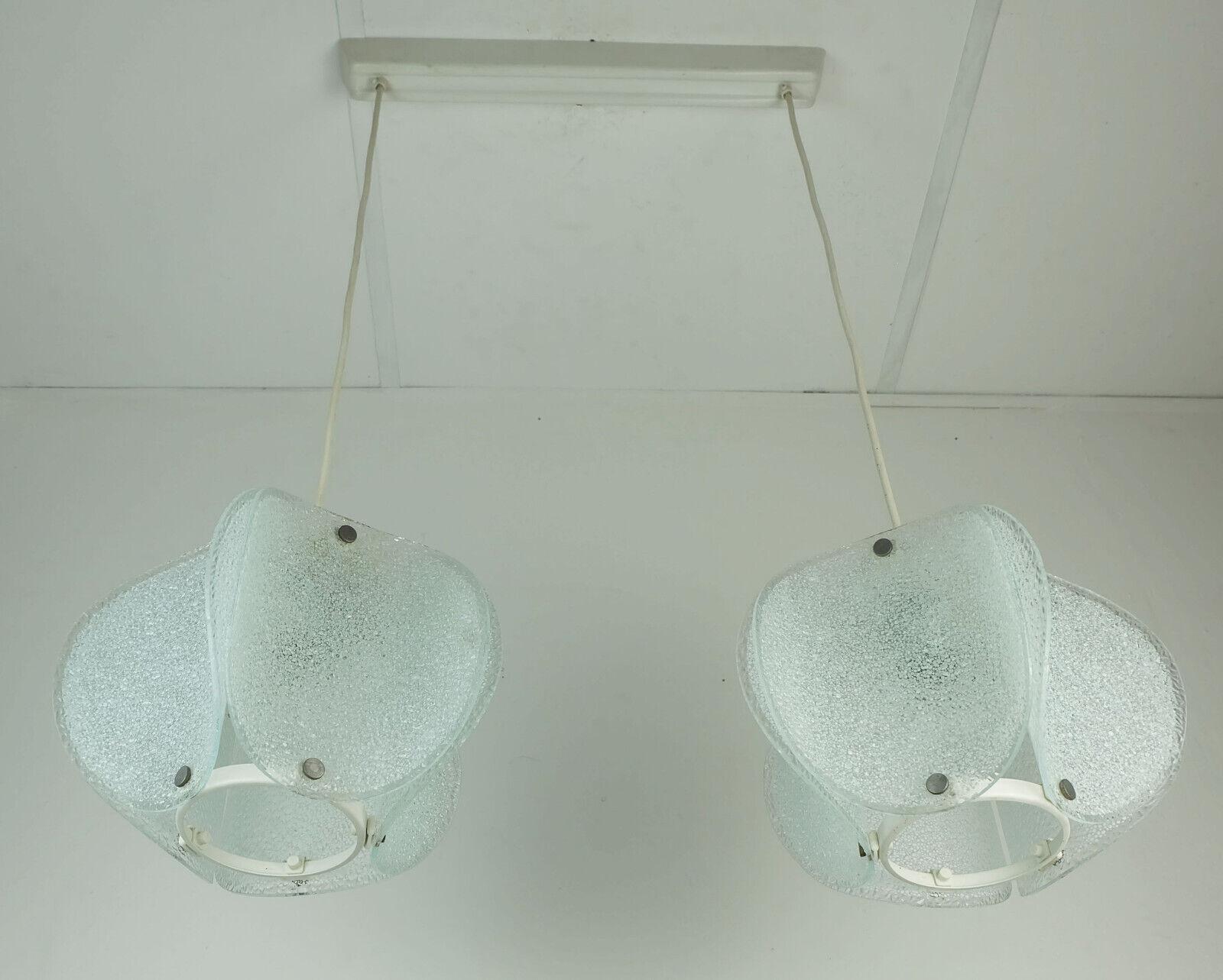mid century modern 2-light ice glass PENDANT LAMP 1960s 70s In Good Condition For Sale In Mannheim, DE