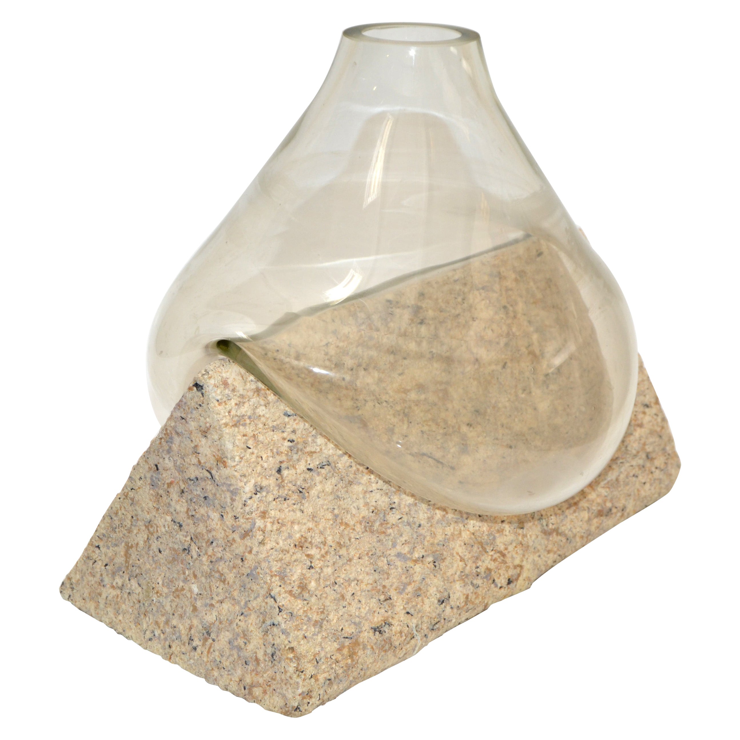 Mid-Century Modern 2 Piece Sculptural Blown Glass Vase Form Fit Triangle Stone For Sale