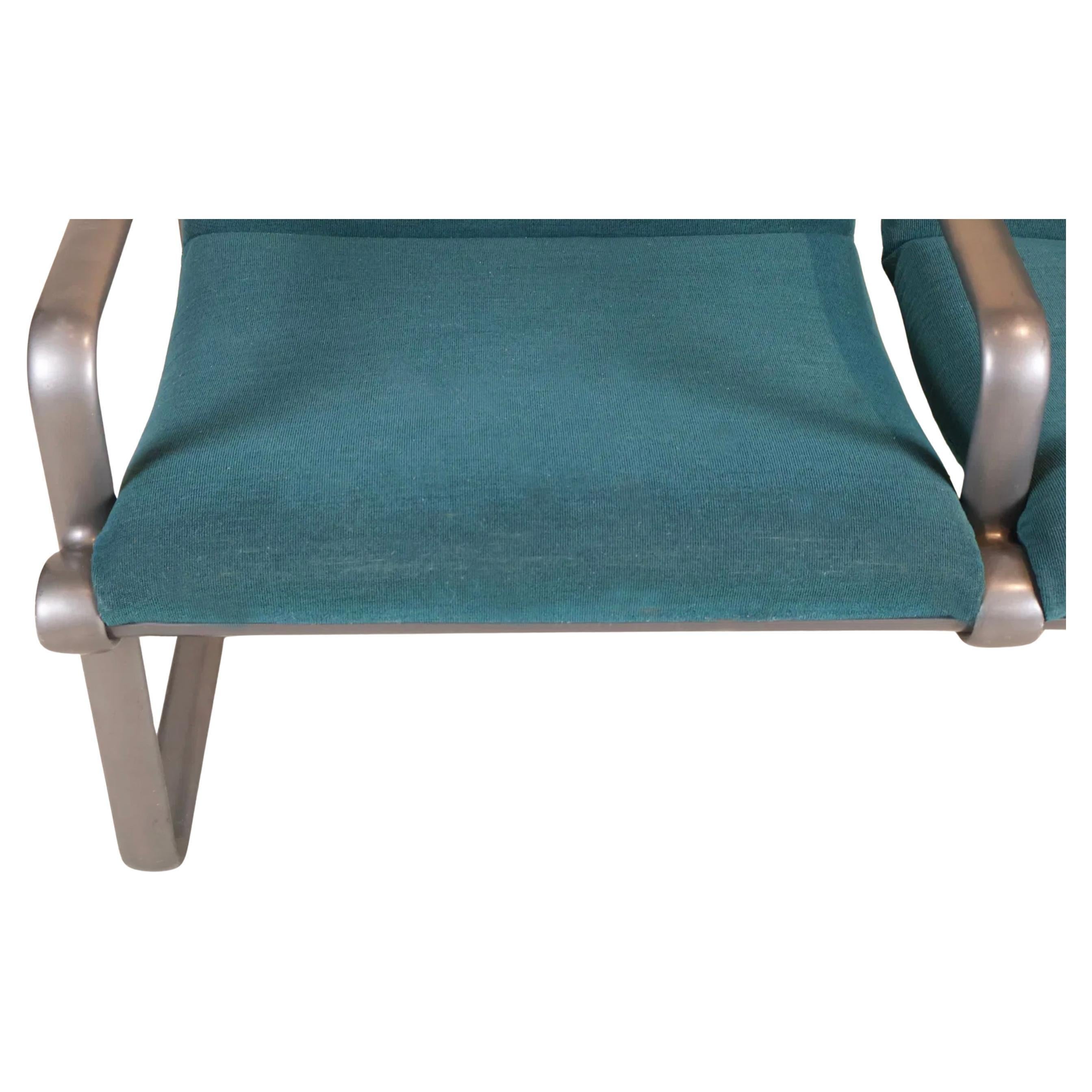 Mid Century Modern 2 Seat armchair sofa bench with upholstery by Bruce Hannah and Andrew Morrison for Knoll. Made in American circa 1970s. Designed by Bruce Hannah and Andrew Morrison for Knoll International in upholstery slung on gray Aluminum