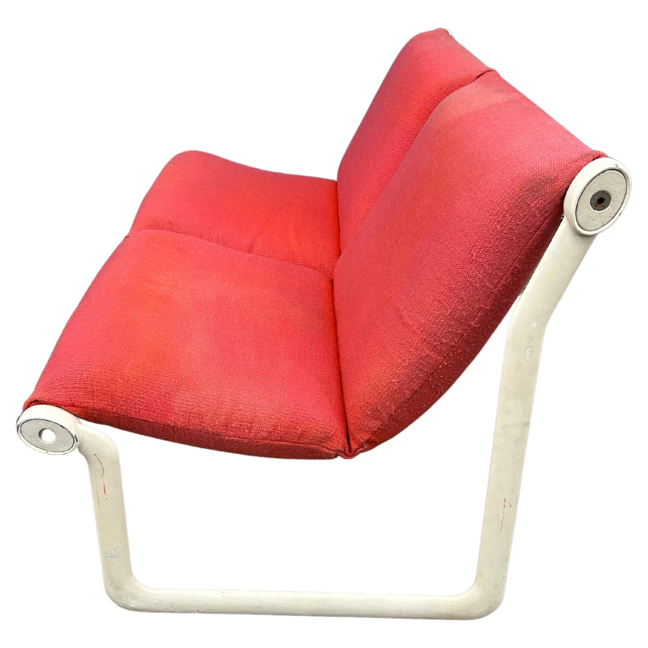 Mid Century Modern 2 Seat sofa by Bruce Hannah and Andrew Morrison for Knoll. Made in American circa 1960s. Designed by Bruce Hannah and Andrew Morrison for Knoll International in original red upholstery slung on white enamel Aluminum frames.