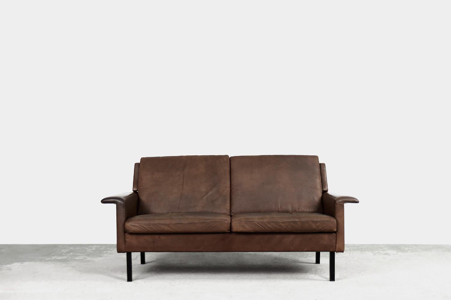 Mid-Century Modern 2-Seater Brown Leather Sofa3330 by A. Vodder for Fritz Hansen In Good Condition For Sale In Warszawa, Mazowieckie
