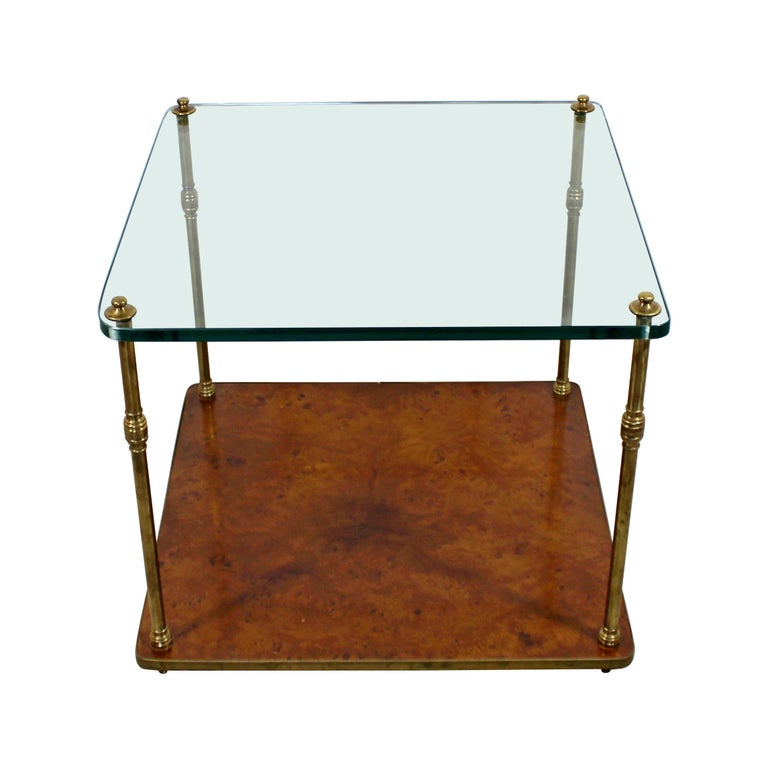 MidCentury Modern 2 Tier Burl Wood Glass Brass Coffee Table Baughman