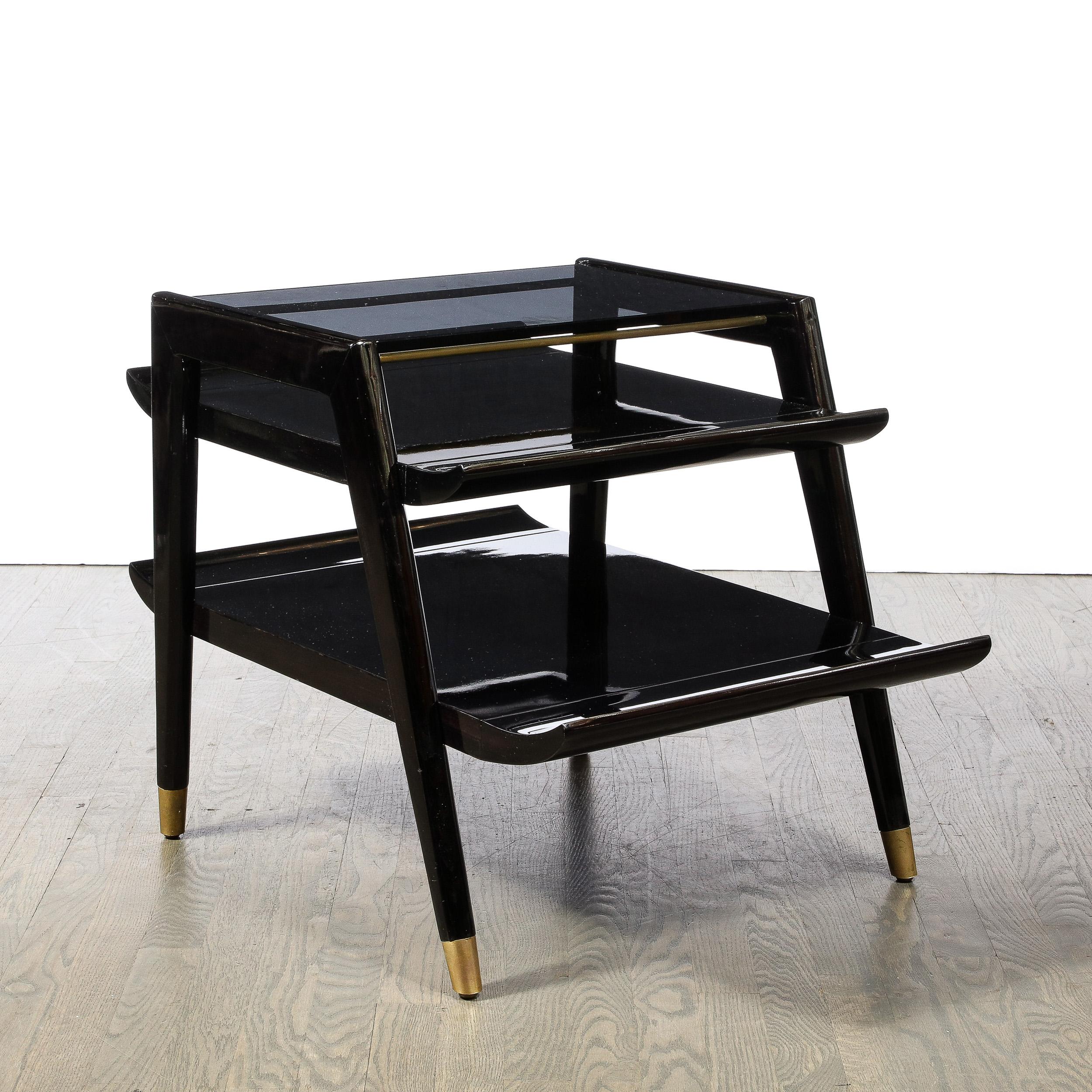 Mid-Century Modern 2 Tier Ebonized Walnut Side/Occasional Tables w/ Brass Sabots For Sale 6