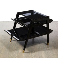Mid-Century Modern 2 Tier Ebonized Walnut Side/Occasional Tables w/ Brass Sabots