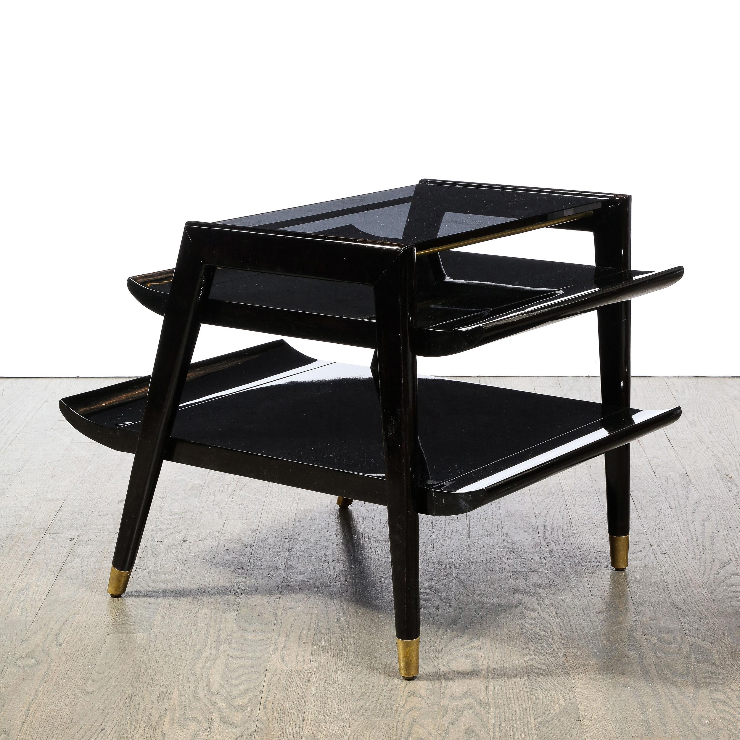 Mid-Century Modern 2 Tier Ebonized Walnut Side/Occasional Tables w/ Brass Sabots In Excellent Condition For Sale In New York, NY