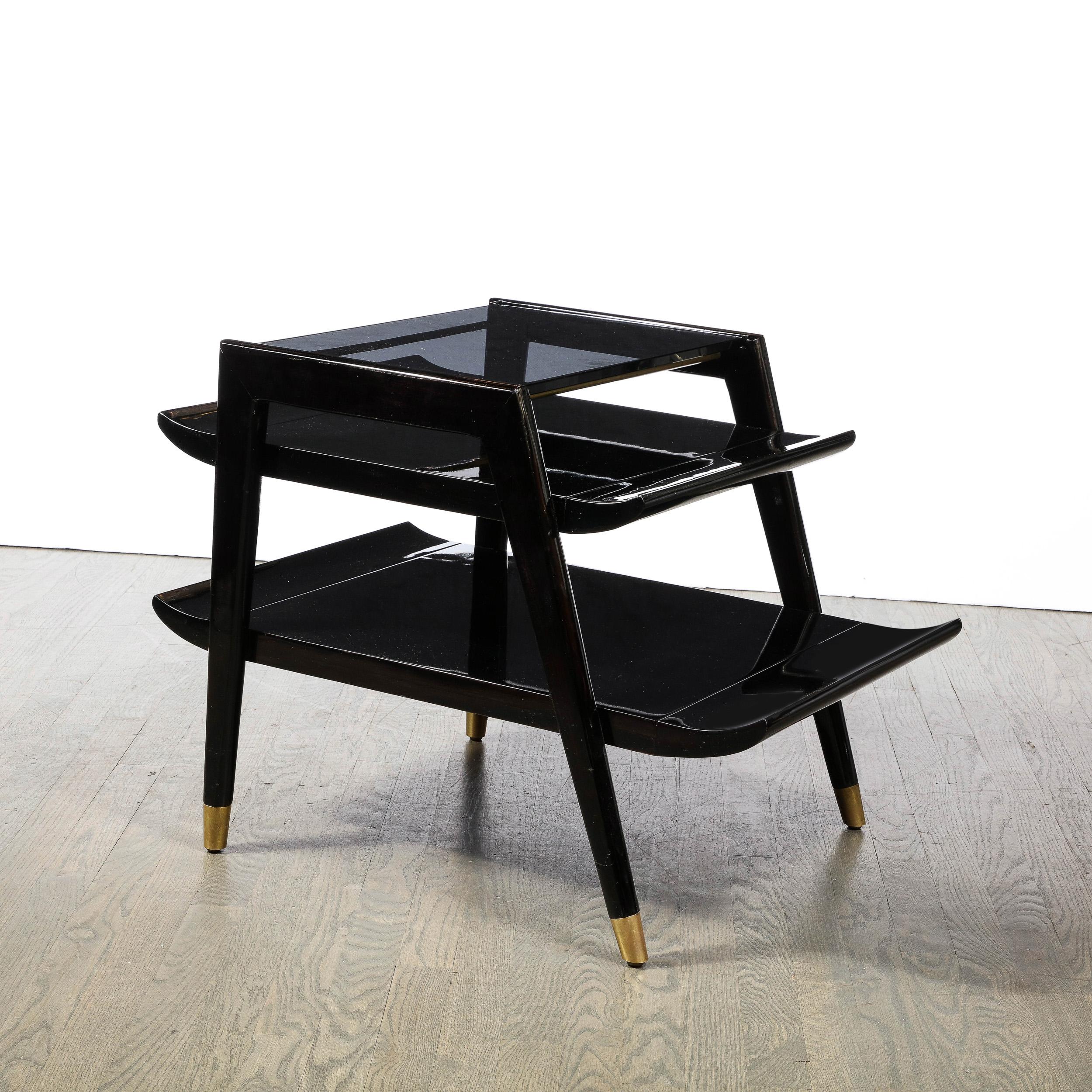 Mid-Century Modern 2 Tier Ebonized Walnut Side/Occasional Tables w/ Brass Sabots For Sale 4