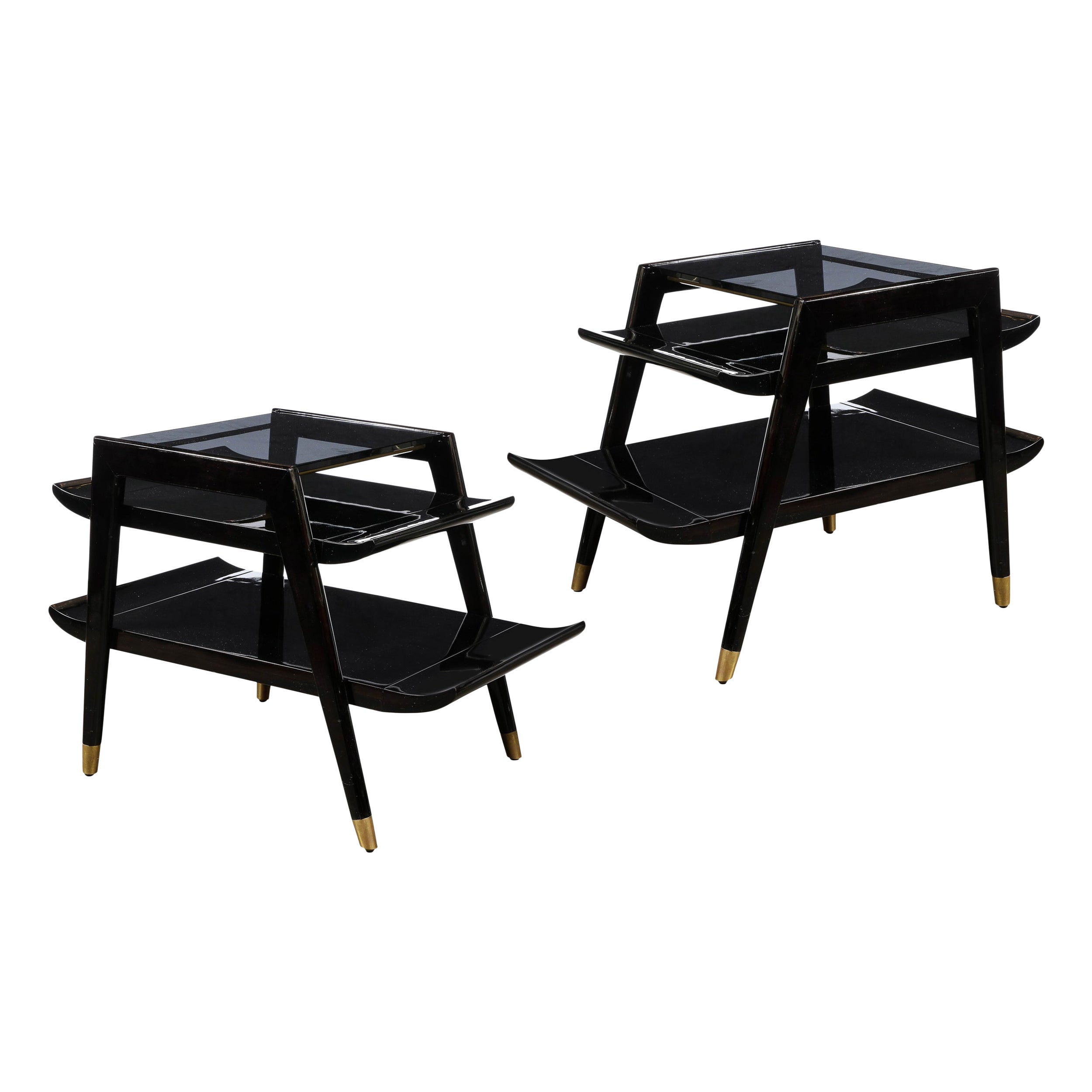 Mid-Century Modern 2 Tier Ebonized Walnut Side/Occasional Tables w/ Brass Sabots