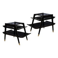 Mid-Century Modern 2 Tier Ebonized Walnut Side/Occasional Tables w/ Brass Sabots