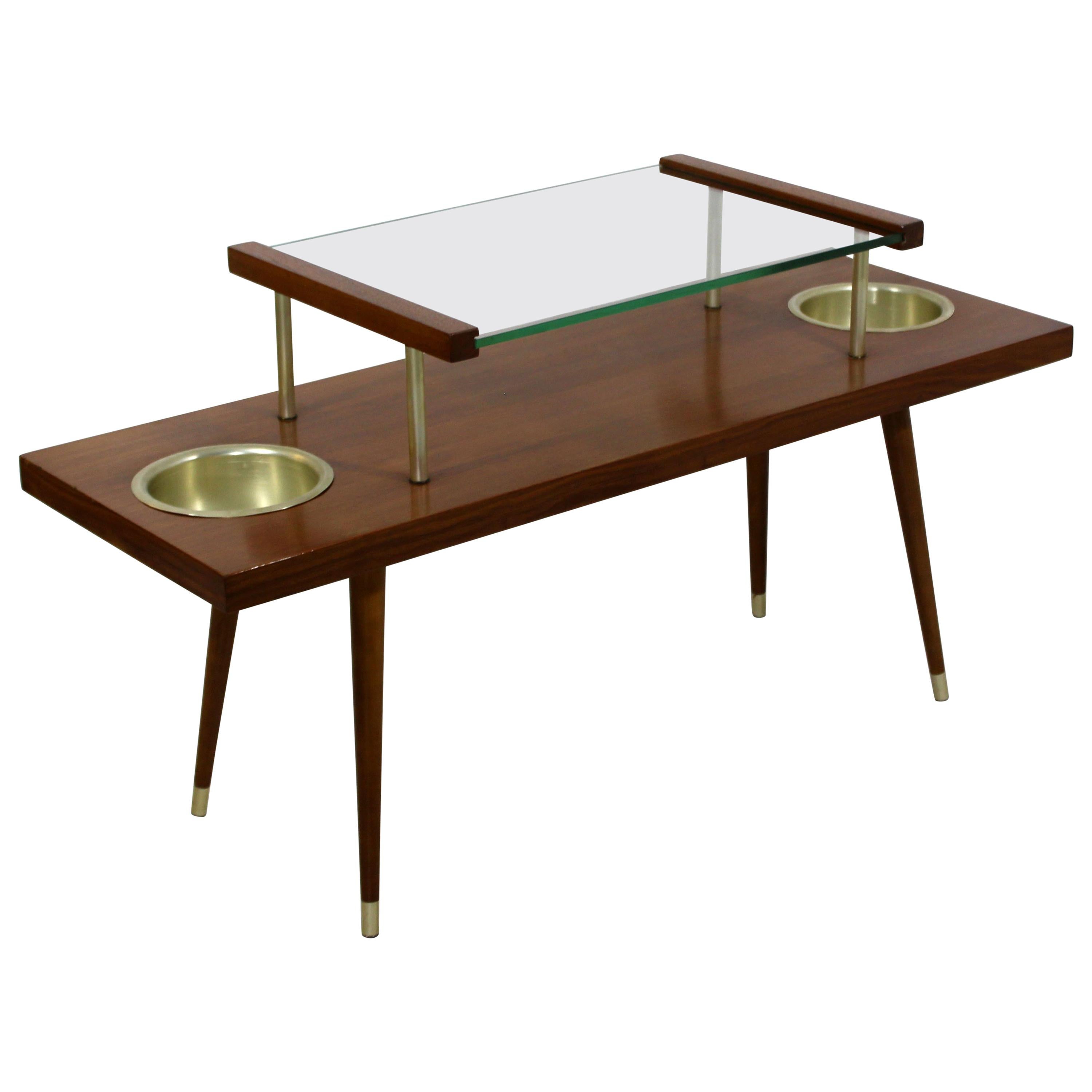 Mid-Century Modern 2-Tier Walnut Glass with Planters Coffee Table McCobb, 1960s