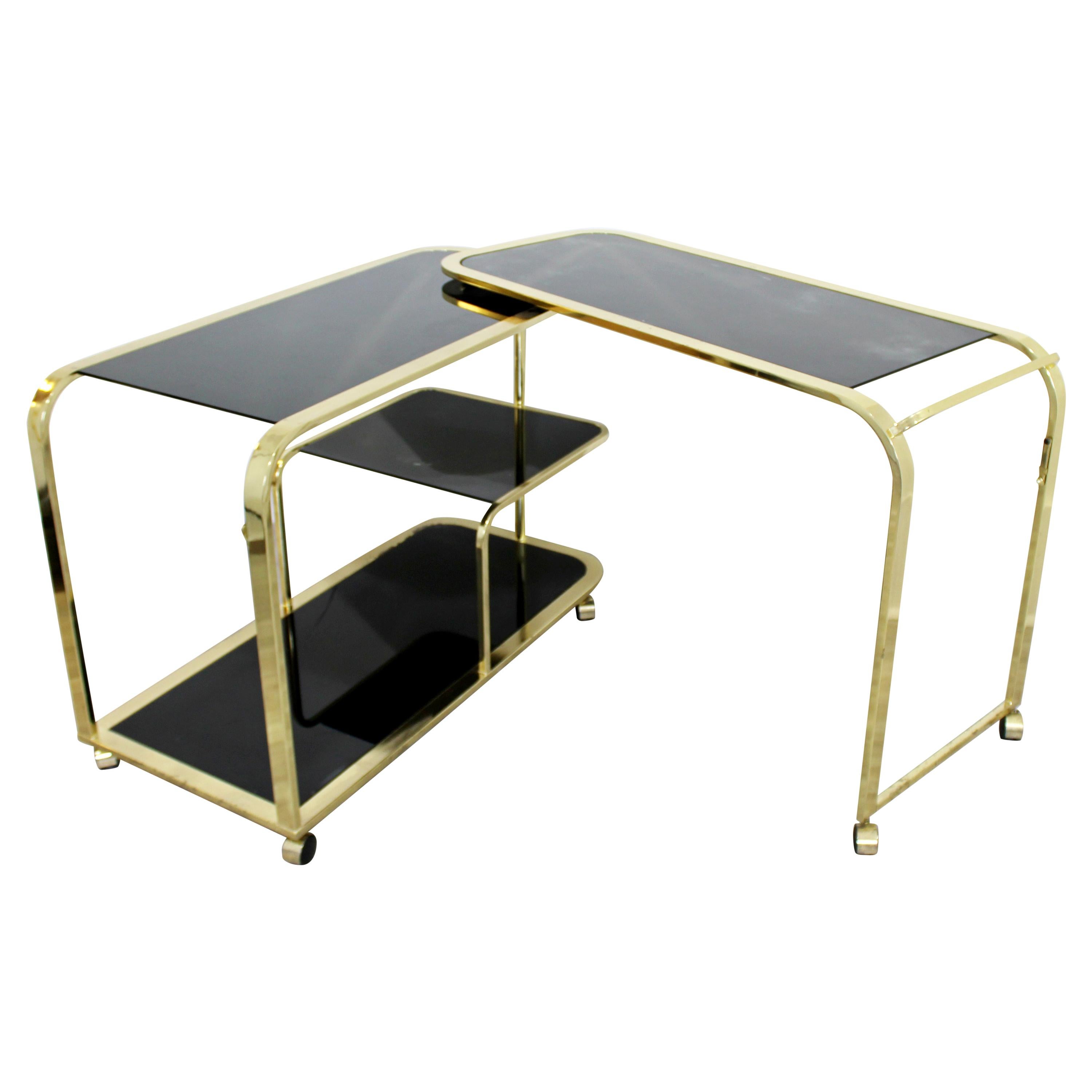 Mid-Century Modern 2 Tiered Brass and Black Glass Serving Bar Cart by DIA, 1970s