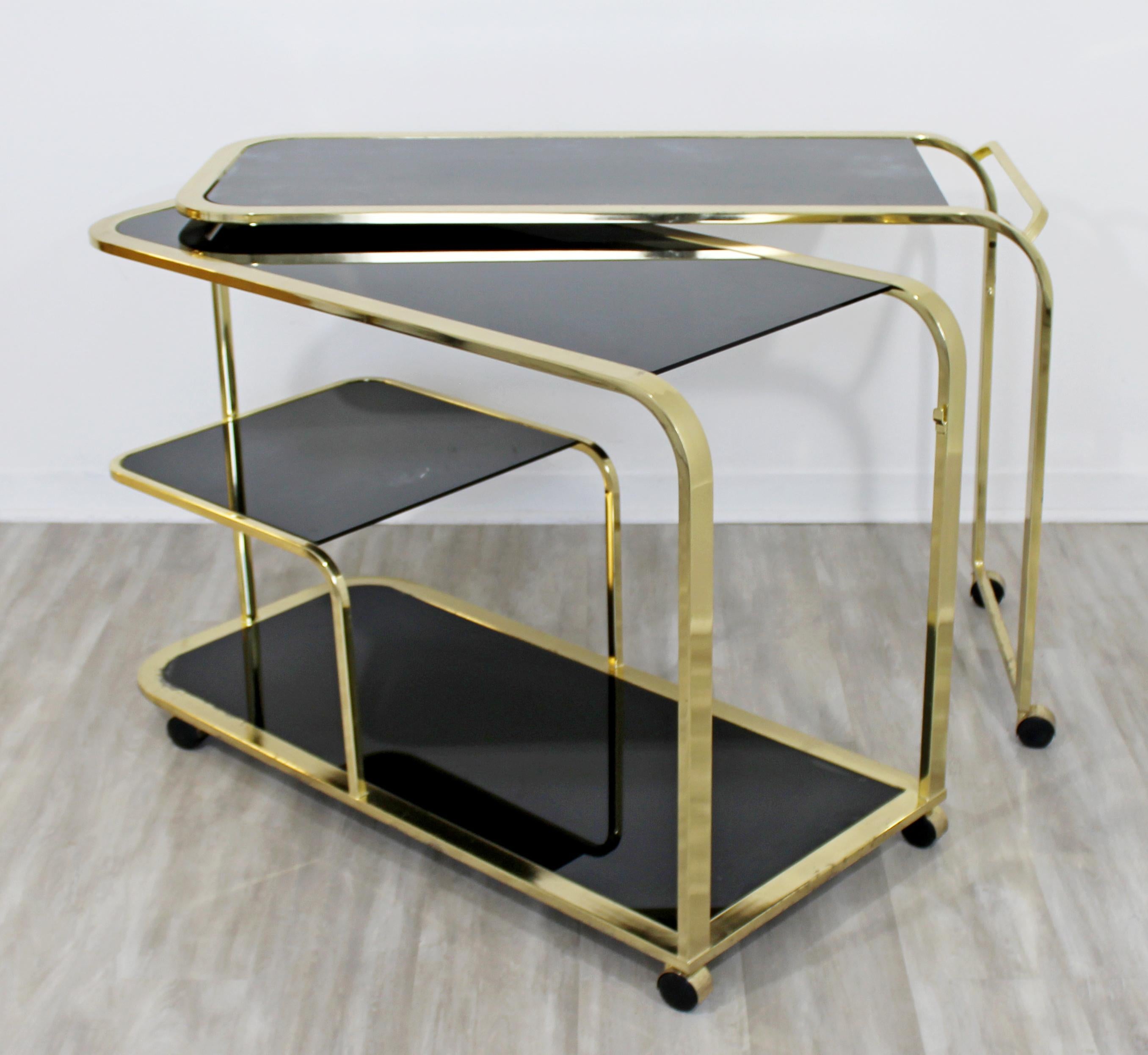 American Mid-Century Modern 2 Tiered Brass and Black Glass Serving Bar Cart by DIA, 1970s