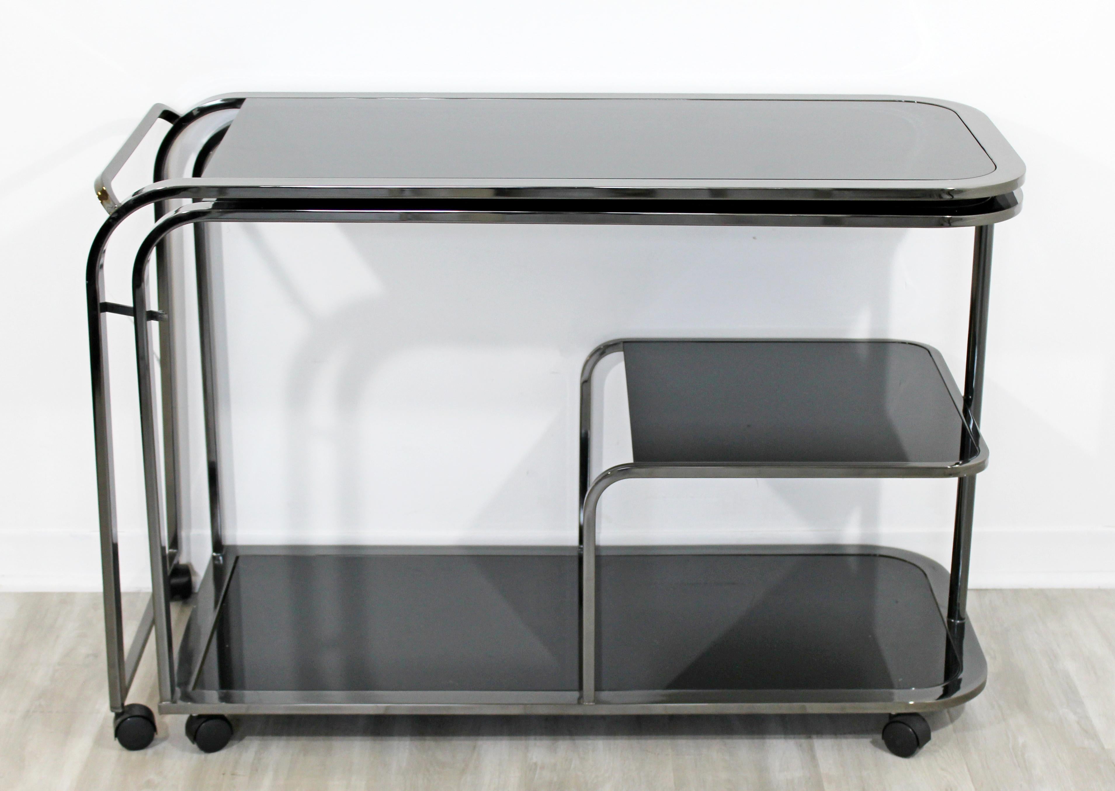 American Mid-Century Modern 2-Tiered Gunmetal and Glass Serving Bar Cart by DIA, 1970s