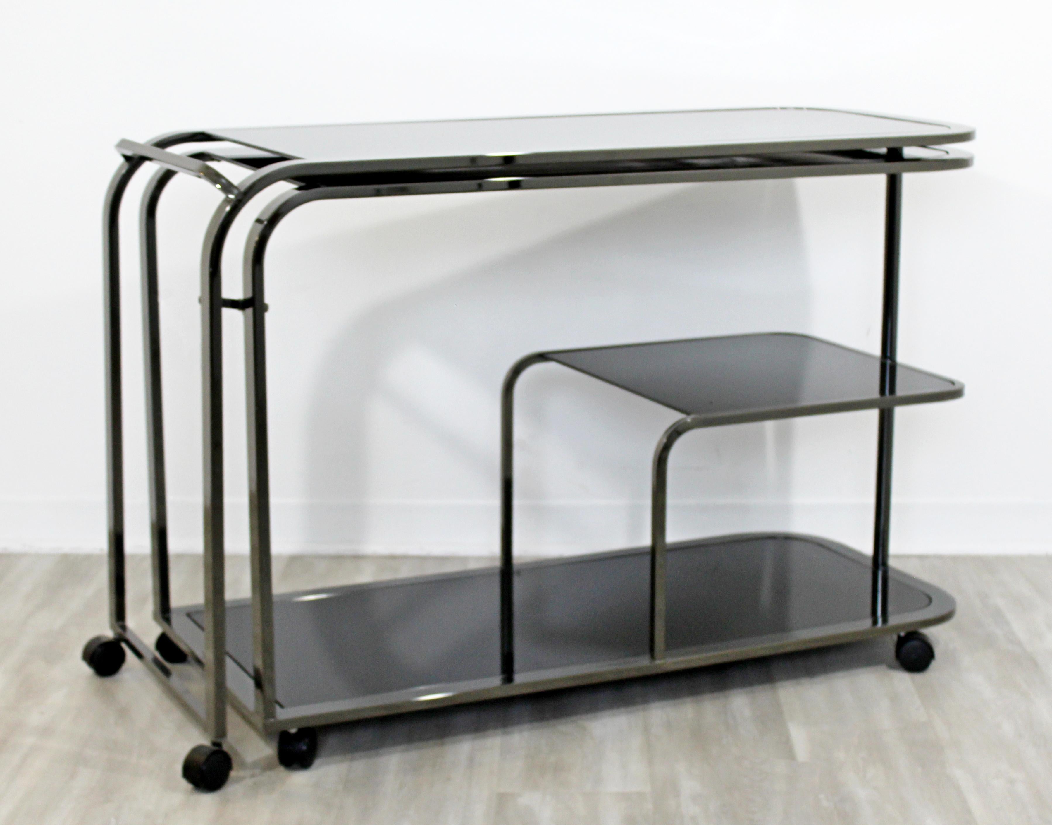Mid-Century Modern 2-Tiered Gunmetal and Glass Serving Bar Cart by DIA, 1970s In Good Condition In Keego Harbor, MI