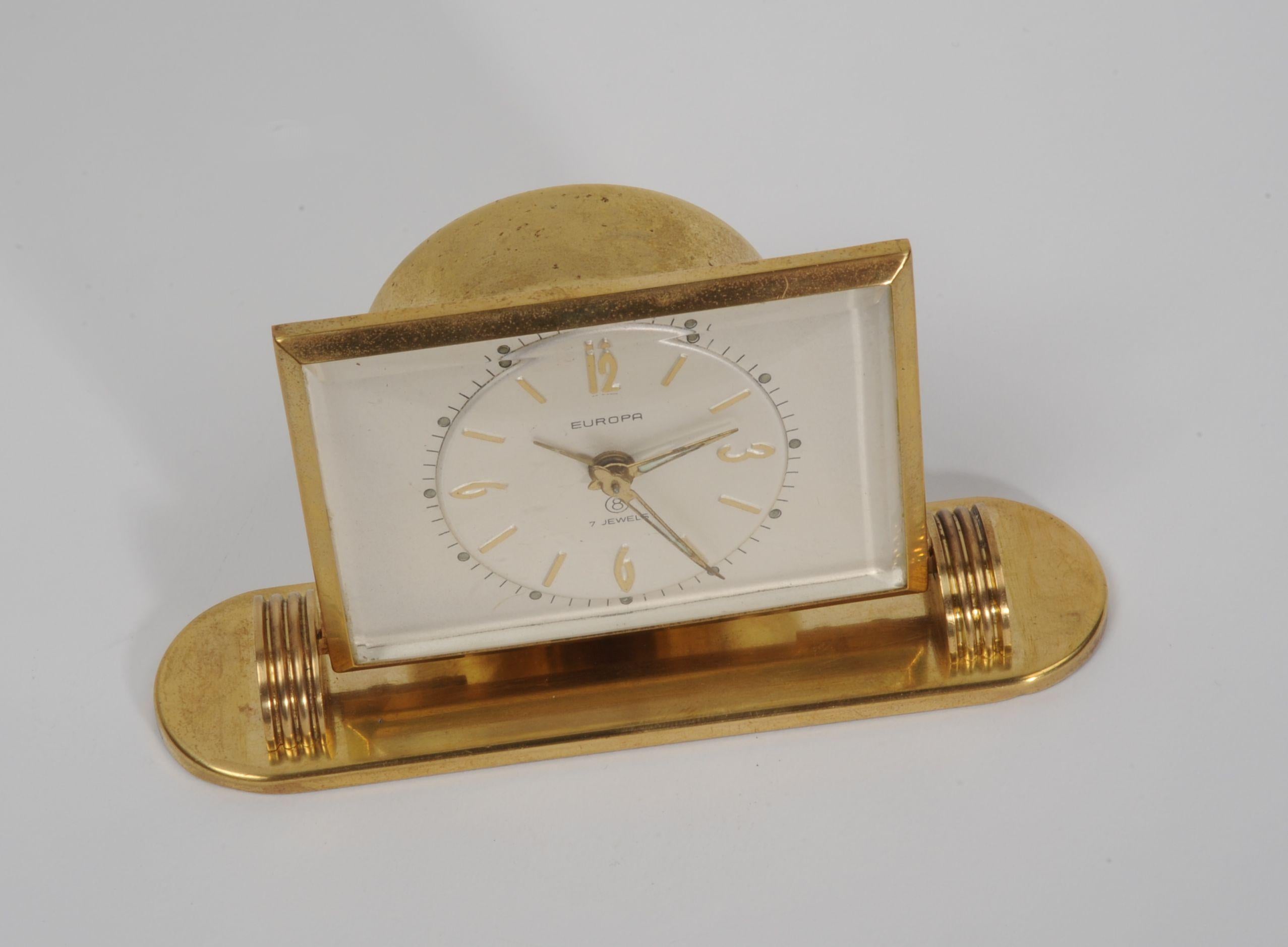 Gilt Mid-Century Modern Desk Clock Jewelled 8 Day German Movement by Europa