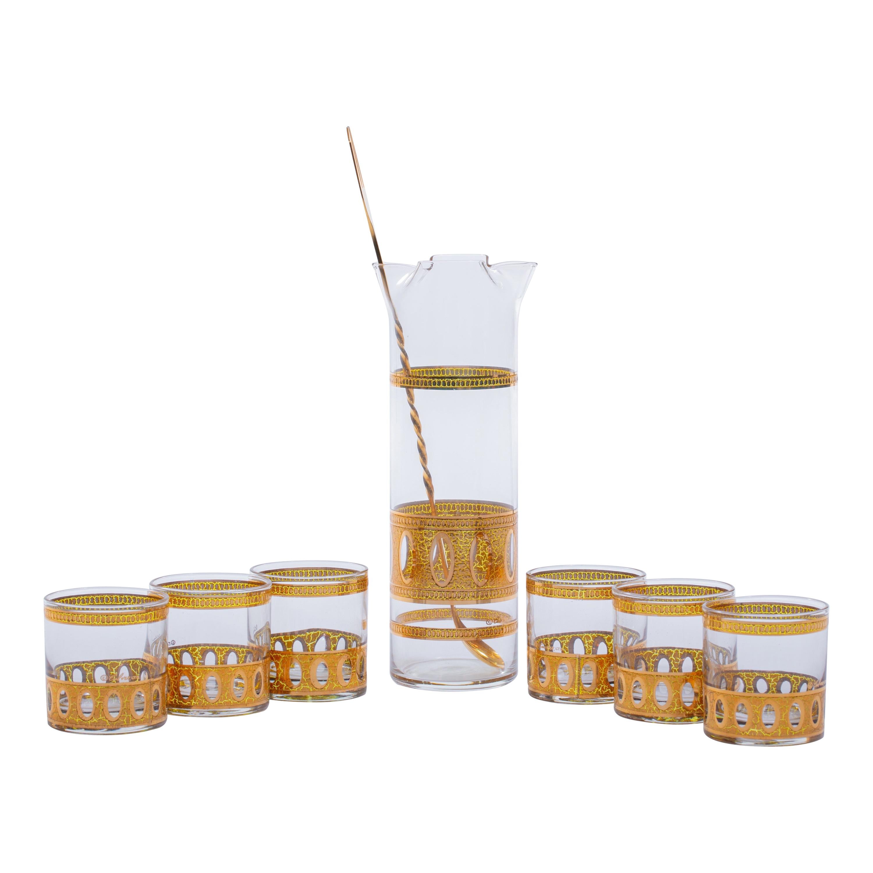 Mid-Century Modern 22 Karat Gold Cocktail Mixer and Six 4 oz Glasses Set