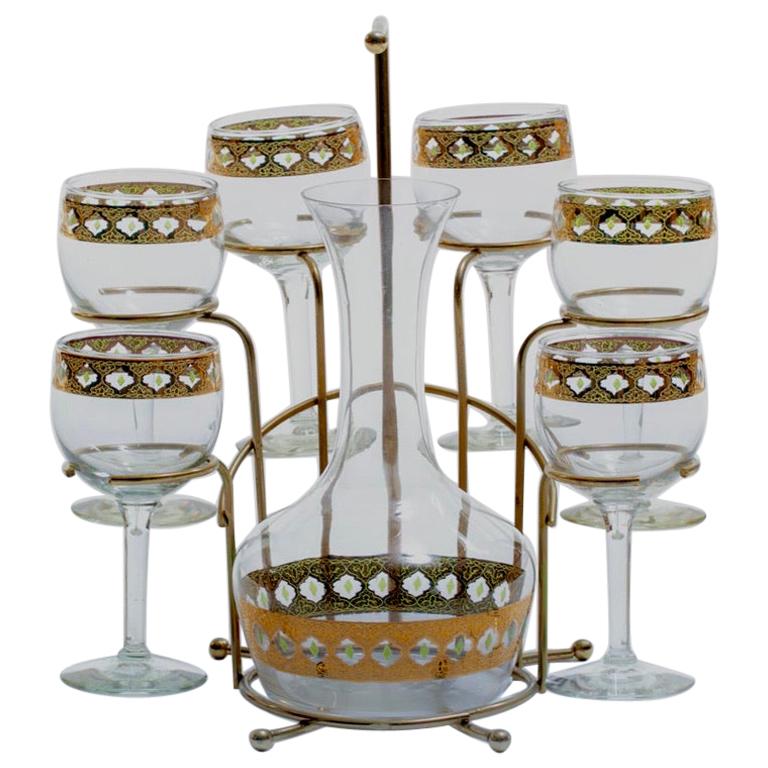 Mid-Century Modern 22-Karat Gold Moroccan Decanter and Wine Glasses Set c. 1965