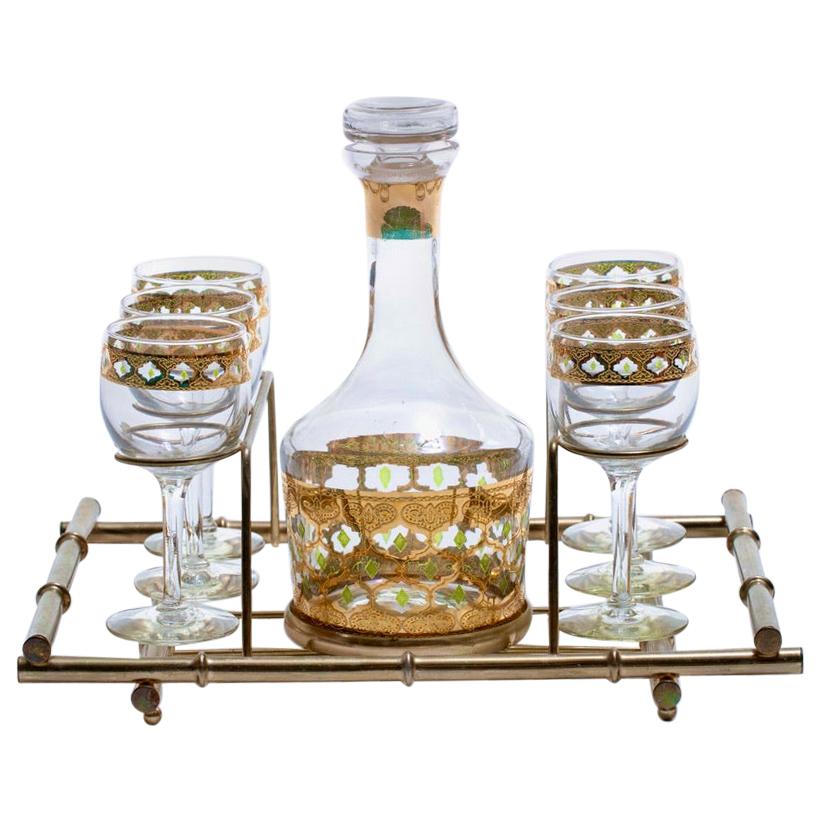 Mid-Century Modern 22-Karat Gold Moroccan Decanter and Wine Glasses Set