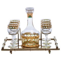 Retro Mid-Century Modern 22-Karat Gold Moroccan Decanter and Wine Glasses Set