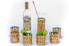 Mid Century Modern 22K Gold Cocktail Mixer and Set of 6 Rocks Glasses, c. 1965