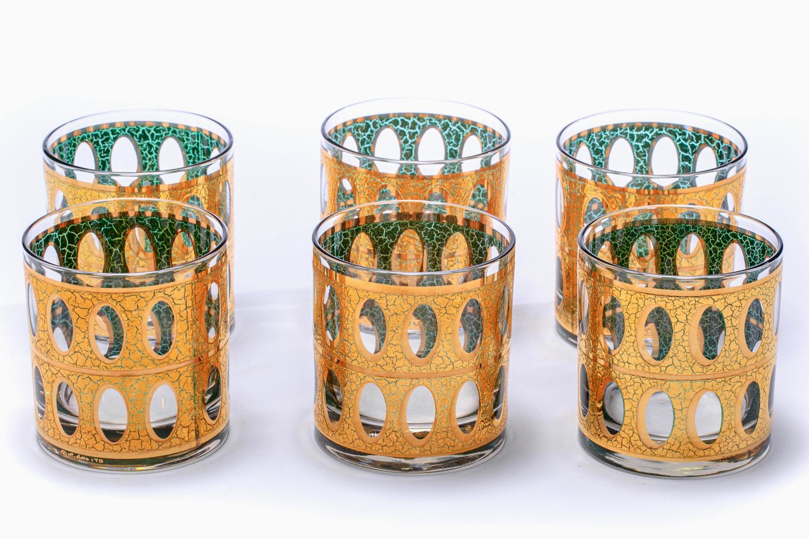 Mid Century Modern 22K Gold Cocktail Mixer and Set of 6 Rocks Glasses, c. 1965 For Sale 2