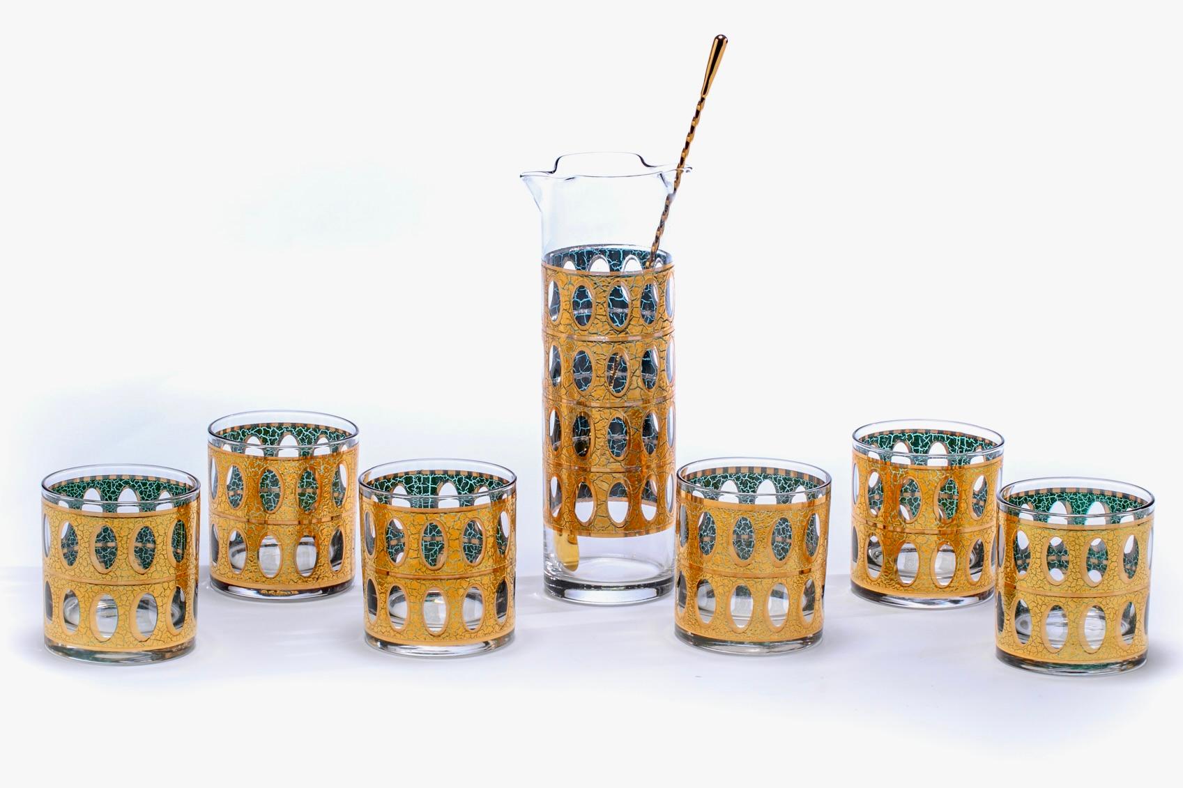 Mid Century Modern 22K Gold Cocktail Mixer and Set of 6 Rocks Glasses, c. 1965 For Sale 3