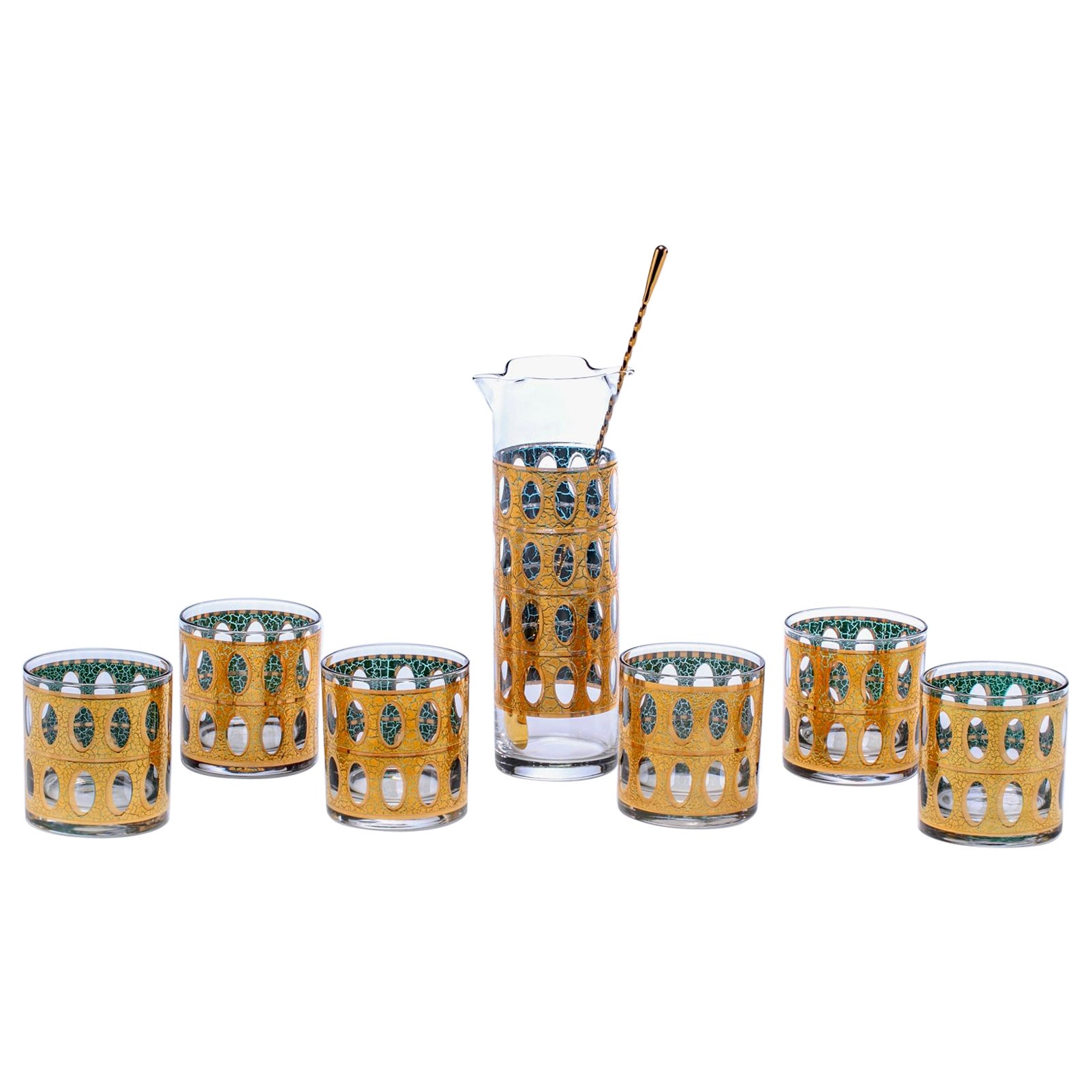 Mid Century Modern 22K Gold Cocktail Mixer and Set of 6 Rocks Glasses, c. 1965