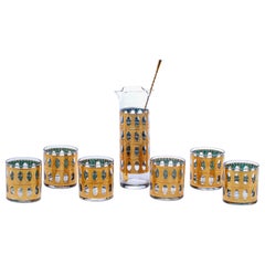 Mid Century Modern 22K Gold Cocktail Mixer and Set of 6 Rocks Glasses, c. 1965