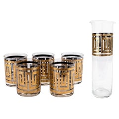 Retro Mid-Century Modern 24-Karat Gold Greek Key Cocktail Glasses with Mixer