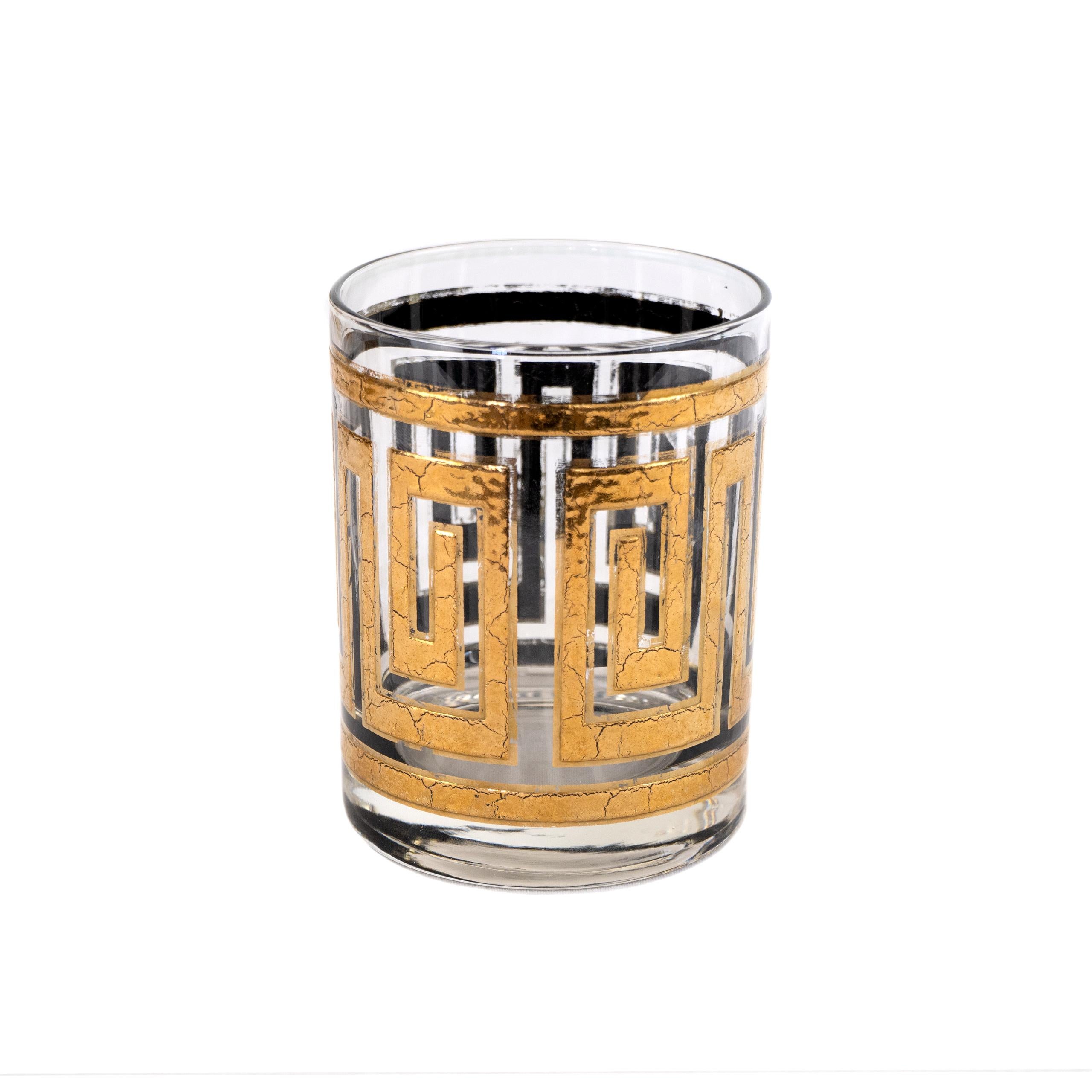 Mid-Century Modern 24-Karat Gold Greek Key Cocktail Glasses with Mixer In Good Condition In Wichita, KS