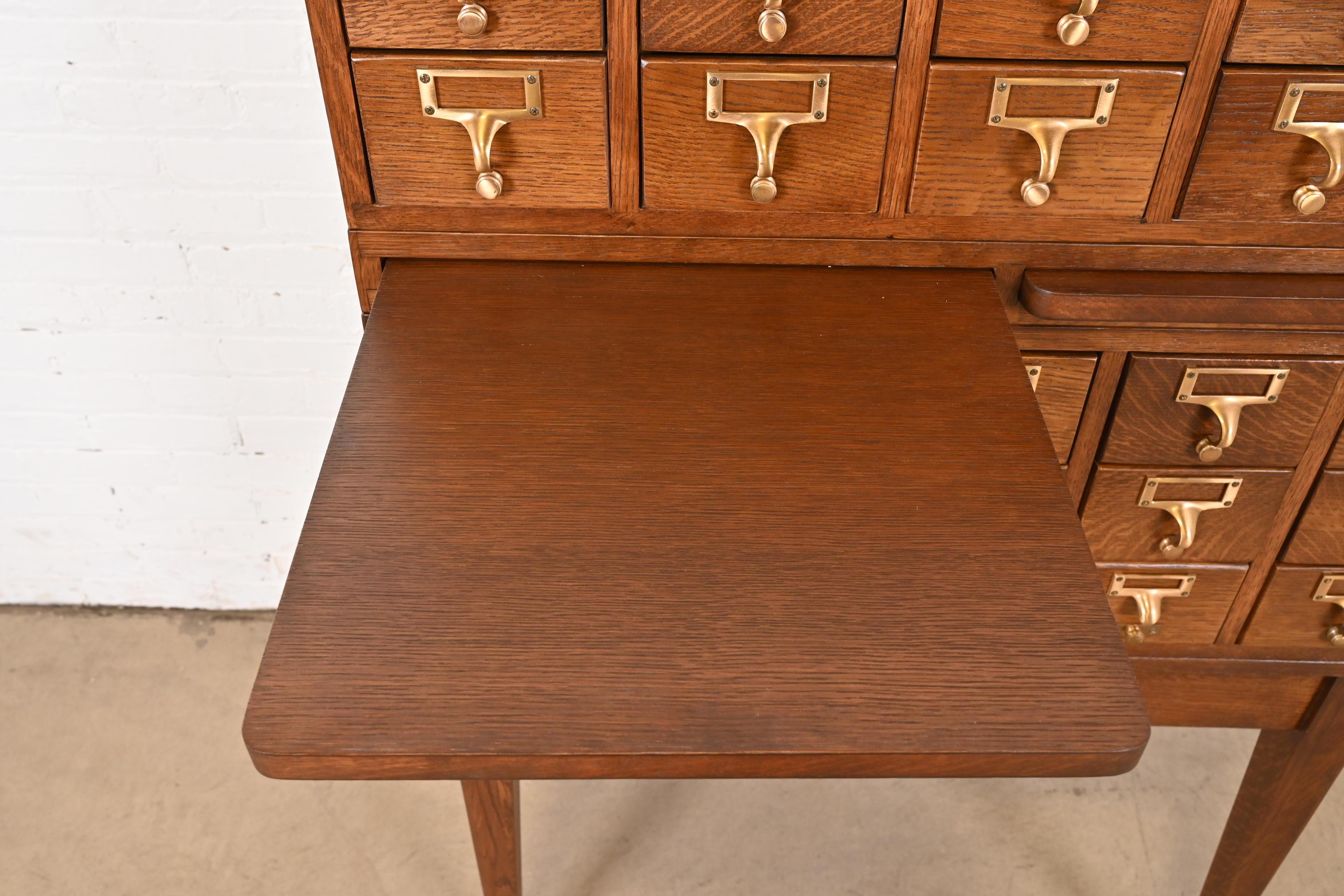 Brass Mid-Century Modern 25-Drawer Oak Library Card Catalog, Newly Refinished