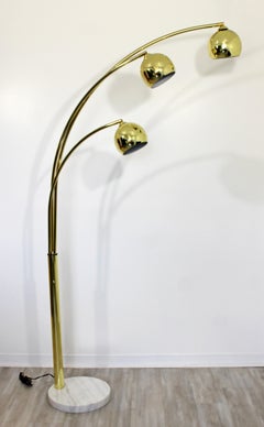 Mid-Century Modern 3-Arm Brass Articulating Arc Floor Lamp White Marble Base