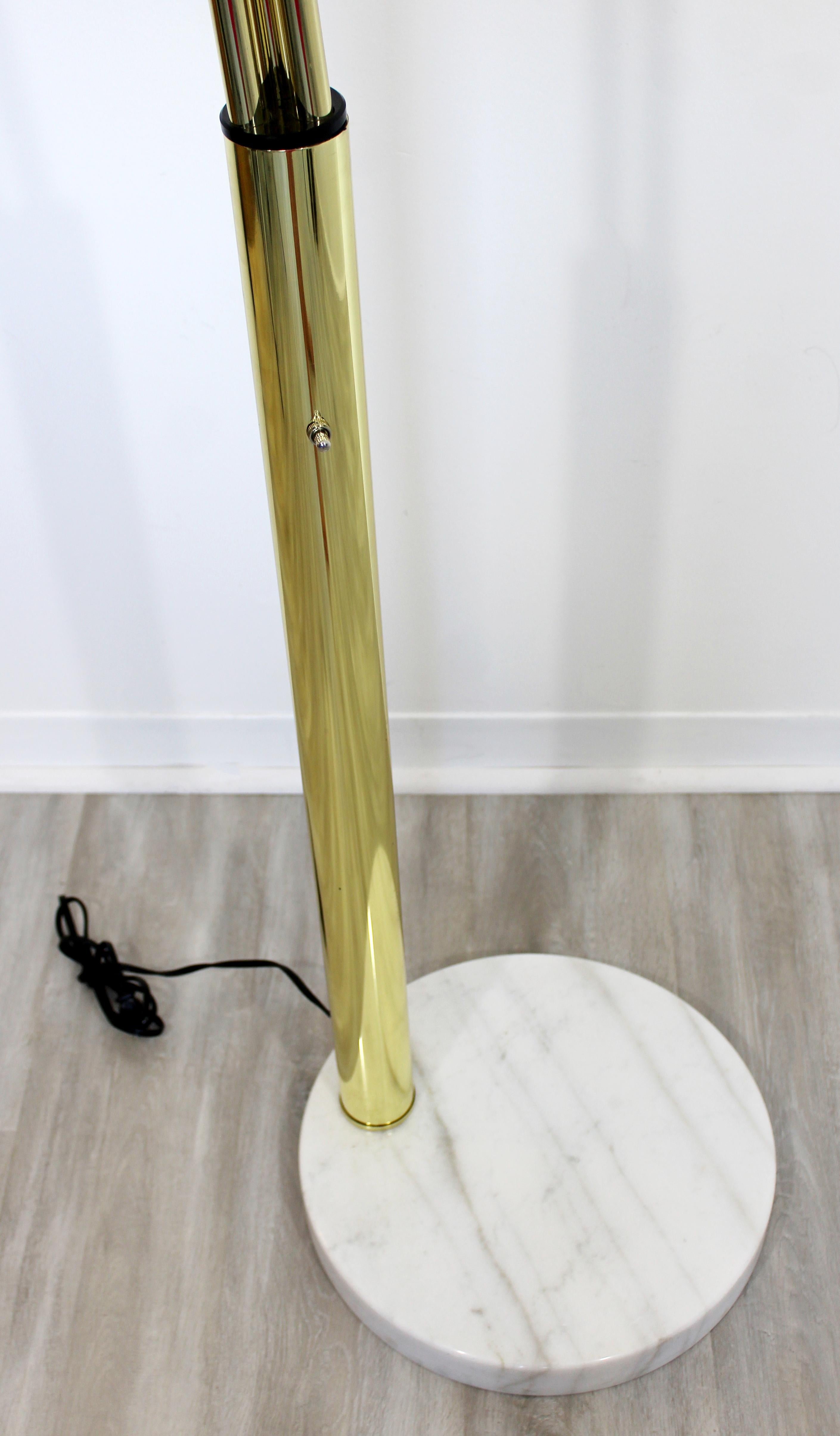 Mid-Century Modern 3-Arm Brass Articulating Arc Floor Lamp White Marble Base In Good Condition In Keego Harbor, MI