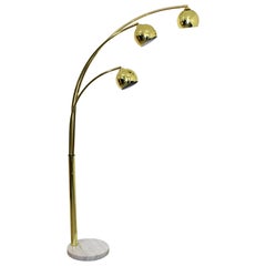 Retro Mid-Century Modern 3-Arm Brass Articulating Arc Floor Lamp White Marble Base