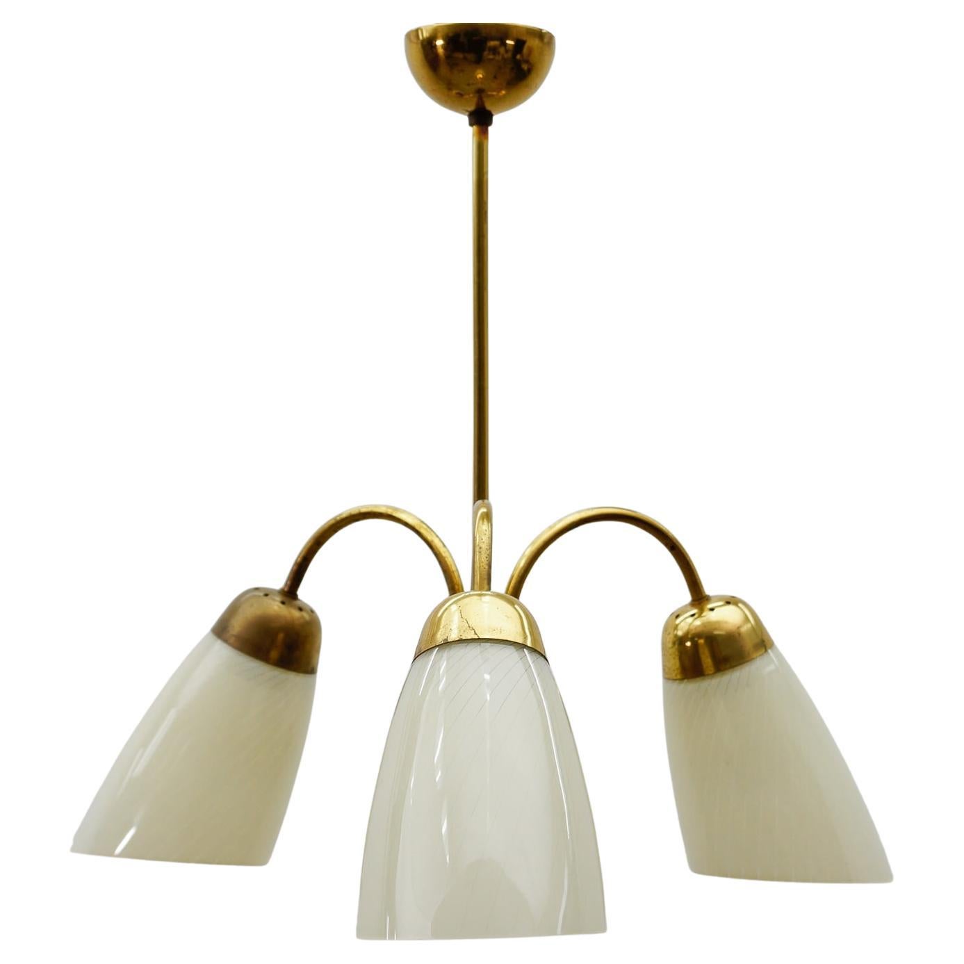 Mid Century Modern 3-Armed Brass & Glass Pendant Lamp, 1950s