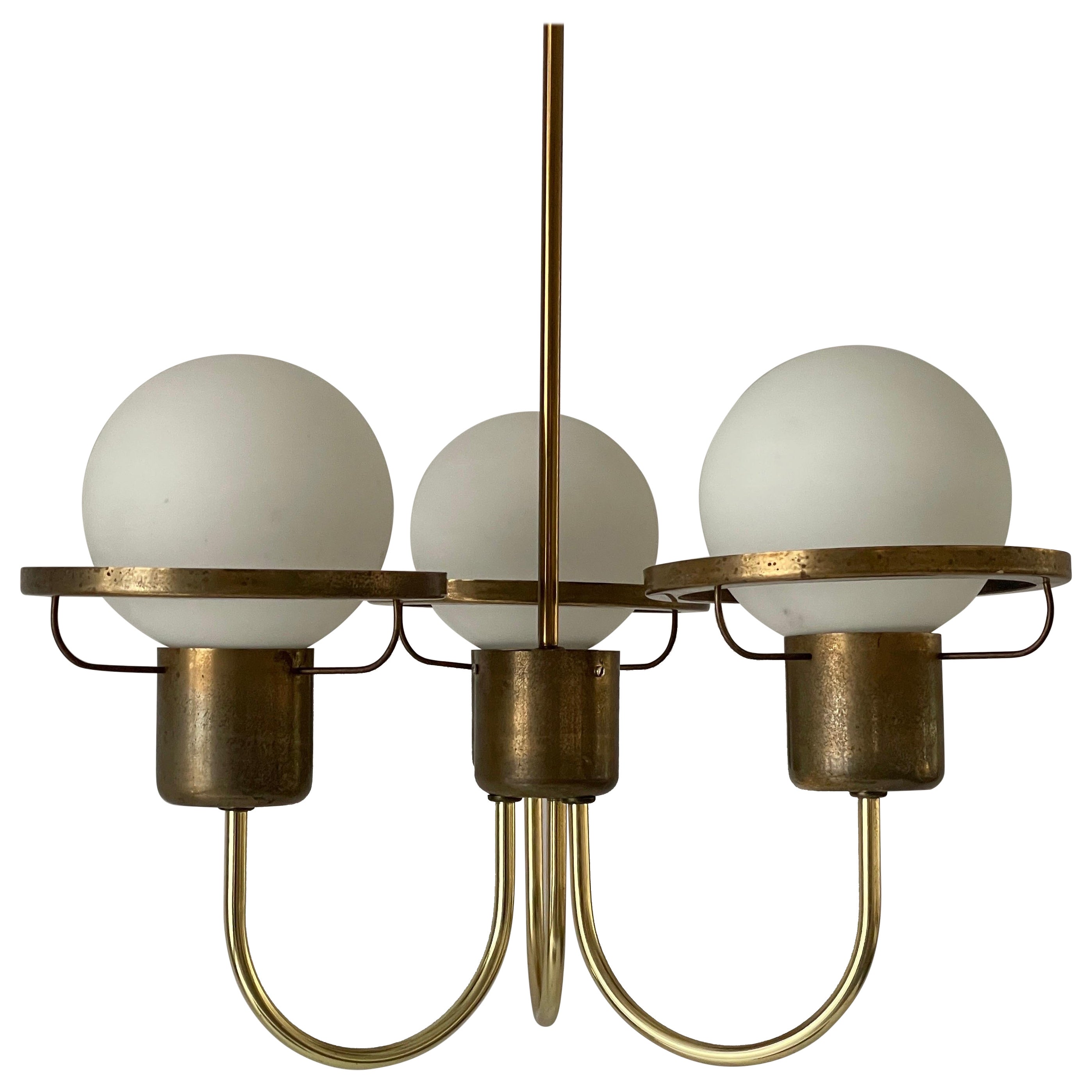Mid-century Modern 3 Ball Glass and Brass Frame Pendant Lamp, 1960s, Germany