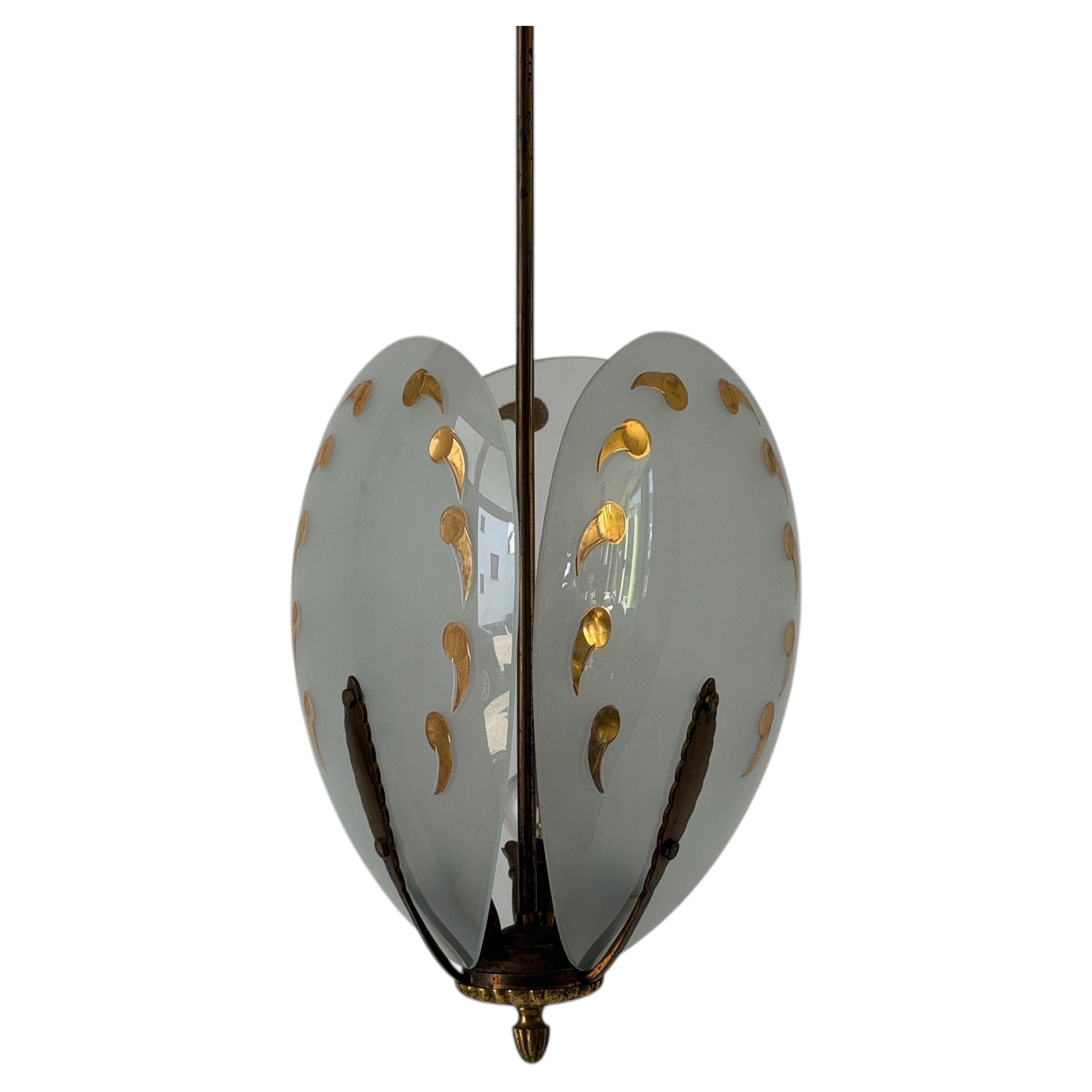 Mid-Century Modern 3-Glass Head and Brass Frame Ceiling Lamp, 1950s, Italy For Sale