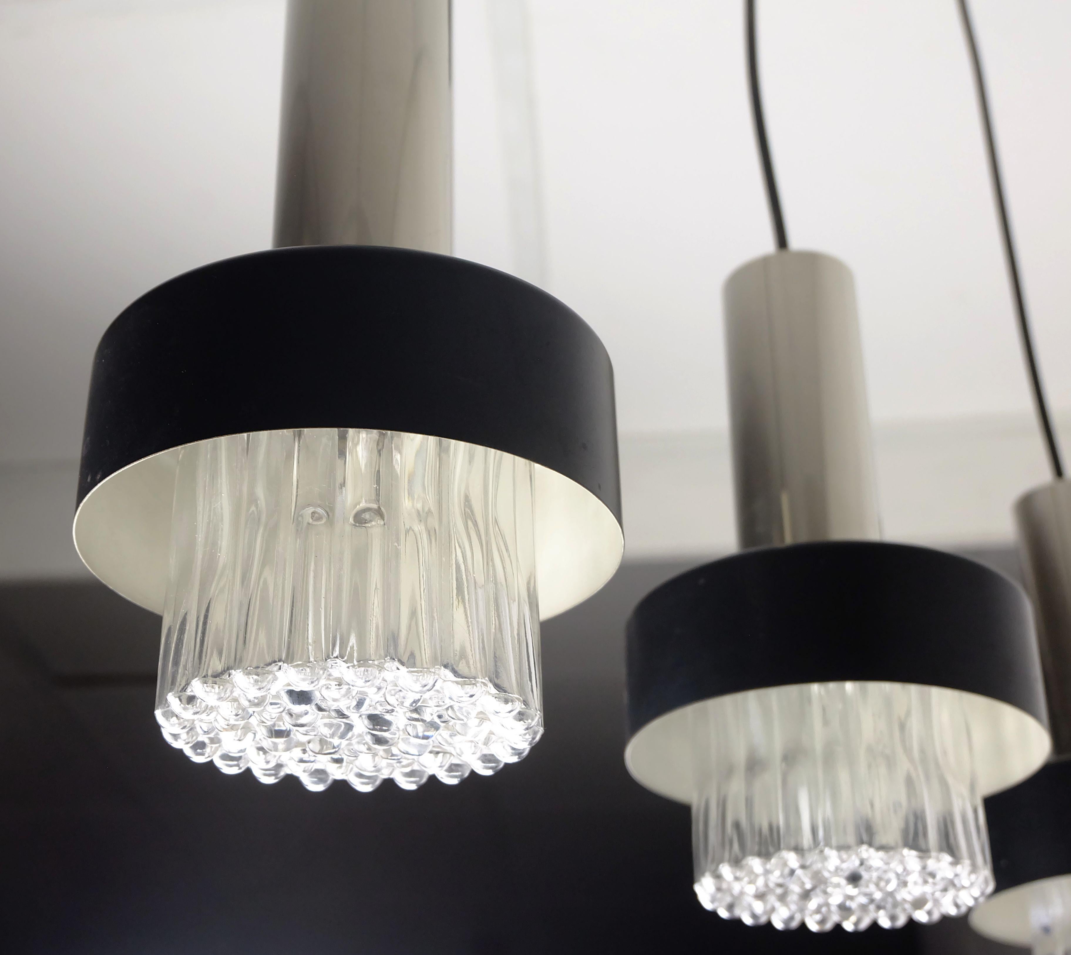 mid century modern 3-light PENDANT LAMP glass and chrome and black metal 1960s For Sale 3