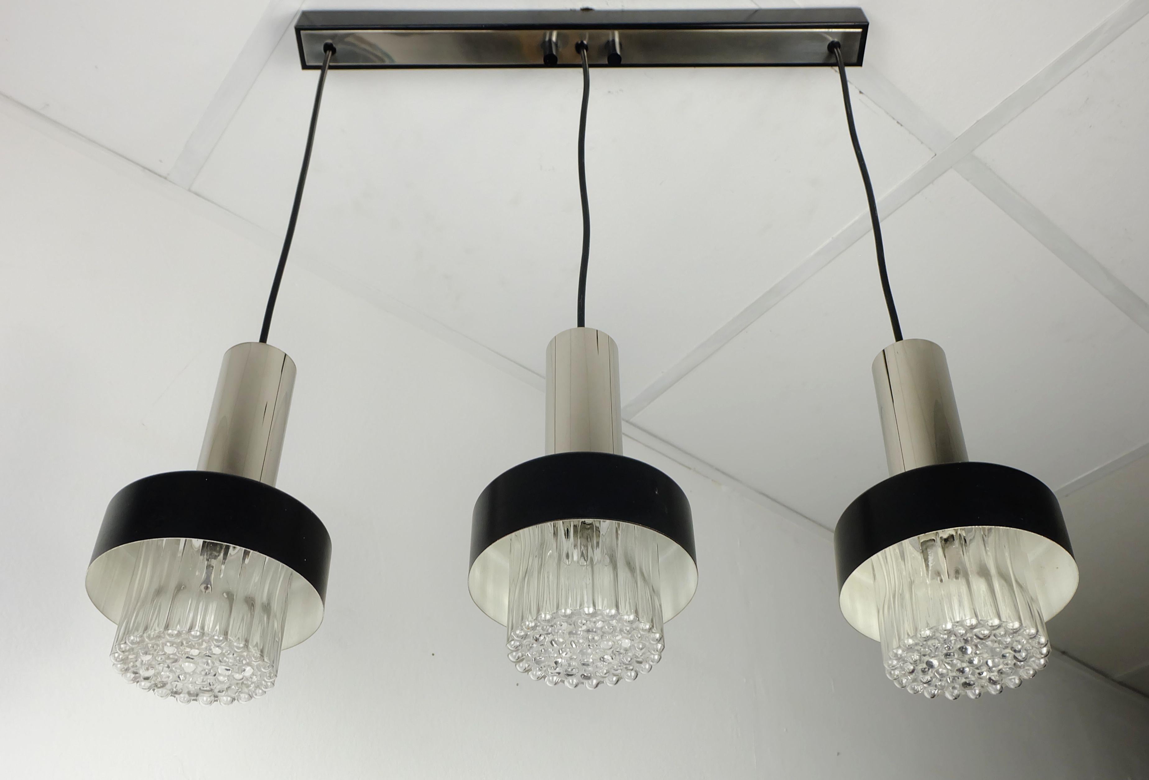 mid century modern 3-light PENDANT LAMP glass and chrome and black metal 1960s For Sale 4