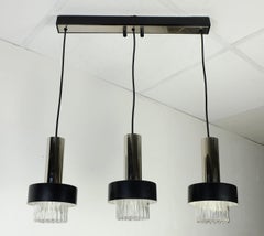 mid century modern 3-light PENDANT LAMP glass and chrome and black metal 1960s
