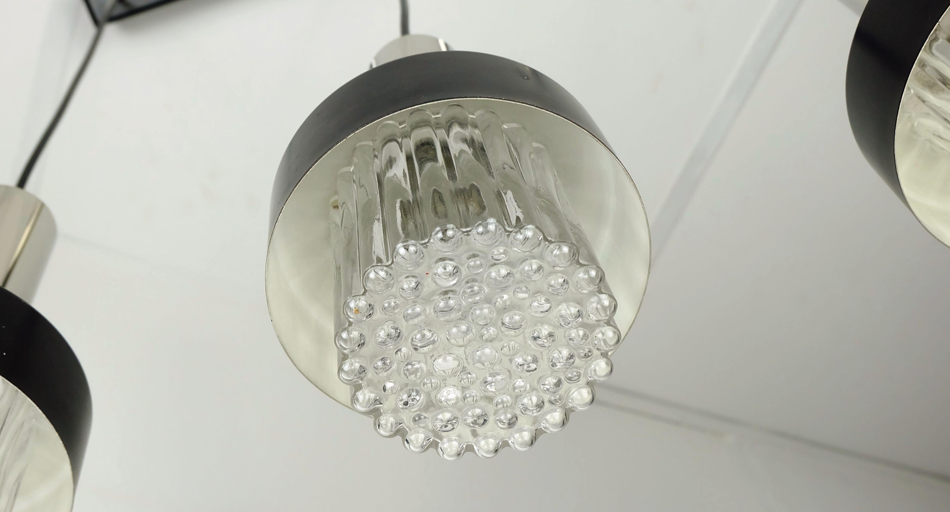 Mid-Century Modern mid century modern 3-light PENDANT LAMP glass and chrome and black metal 1960s For Sale