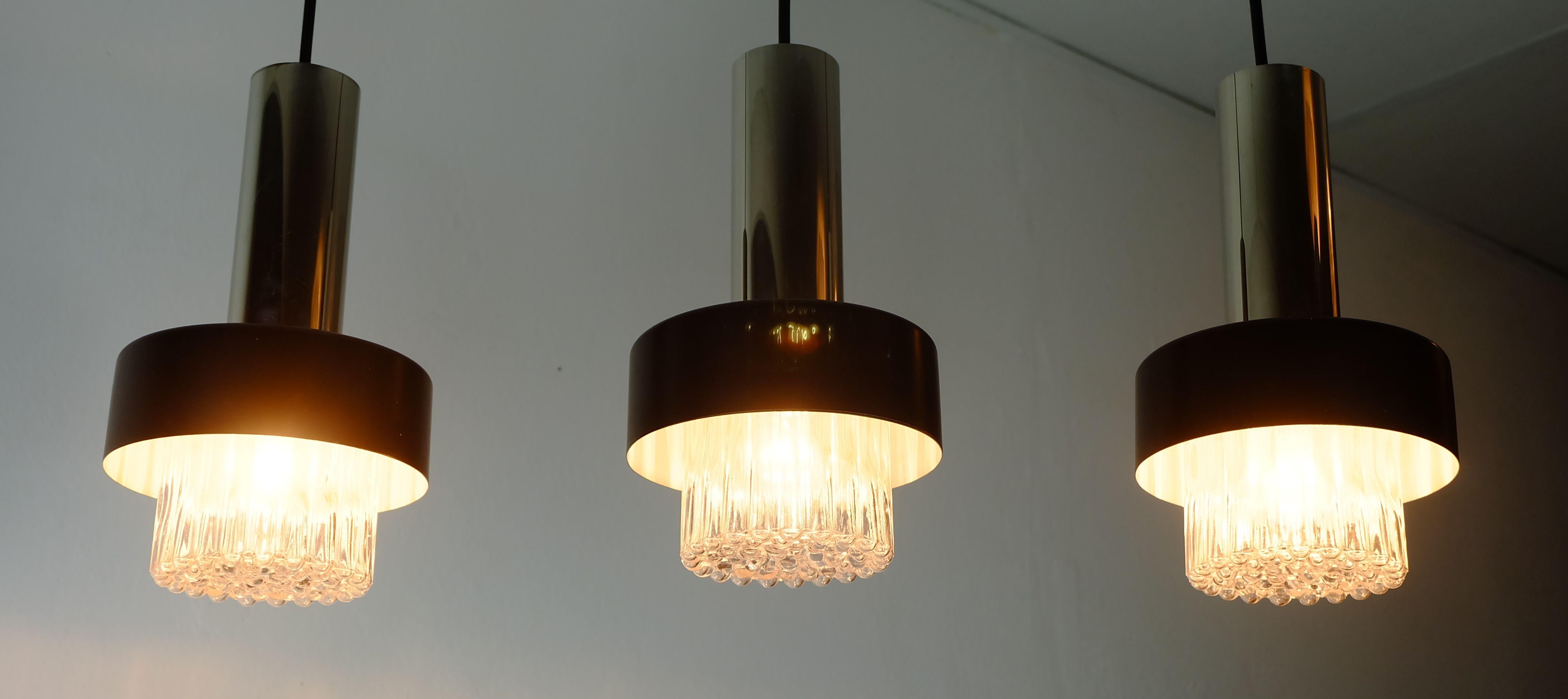 German mid century modern 3-light PENDANT LAMP glass and chrome and black metal 1960s For Sale