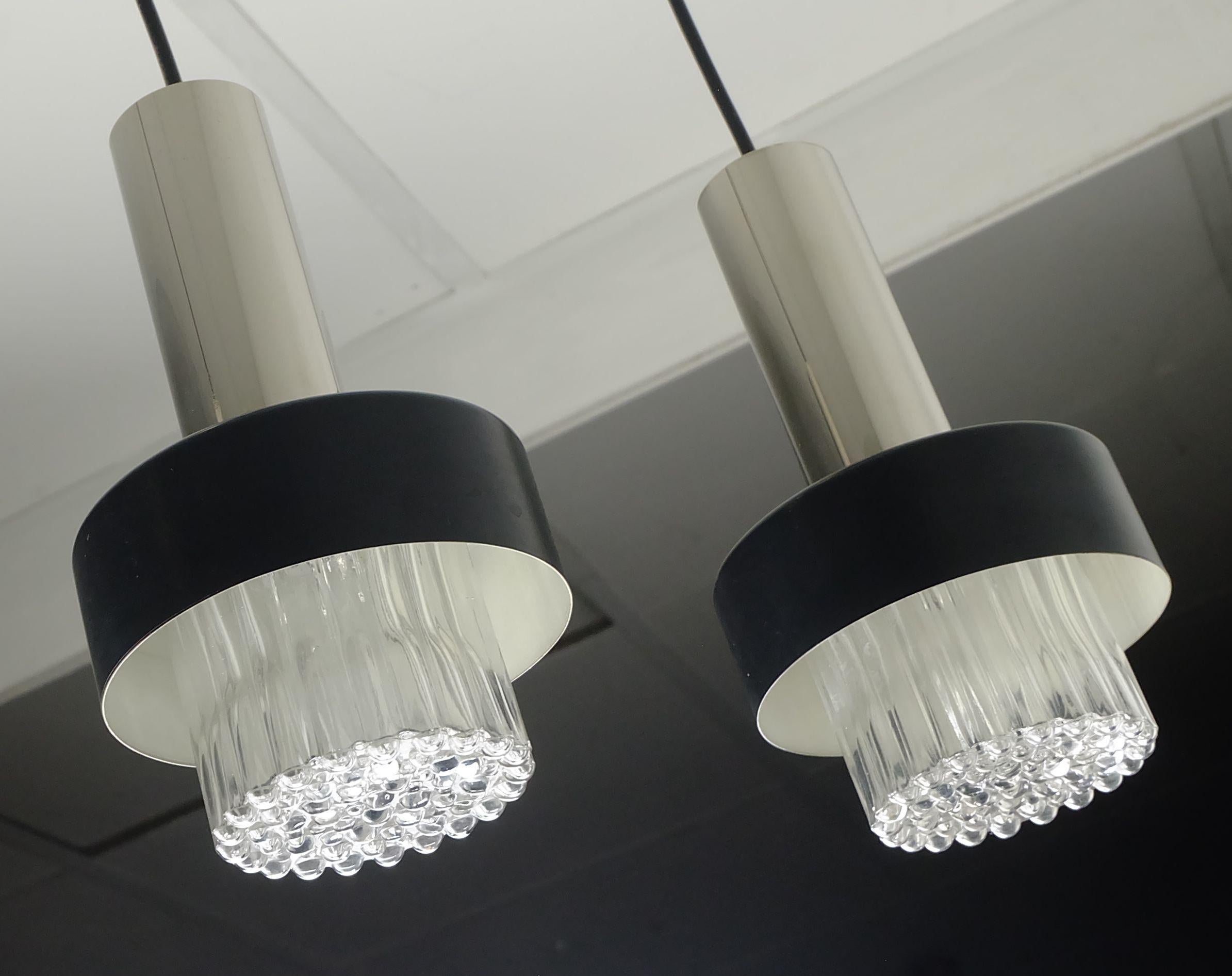 Metal mid century modern 3-light PENDANT LAMP glass and chrome and black metal 1960s For Sale