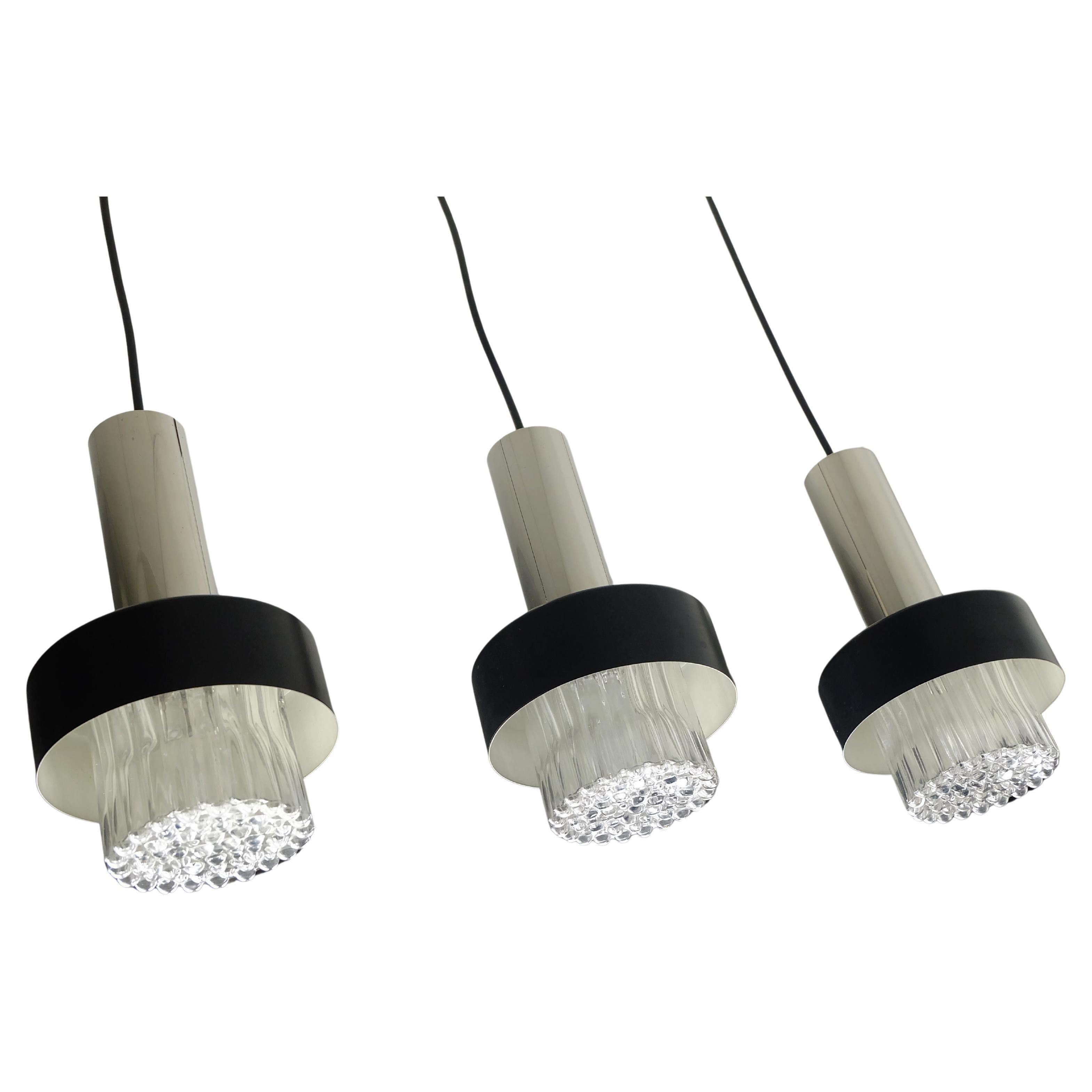 mid century modern 3-light PENDANT LAMP glass and chrome and black metal 1960s