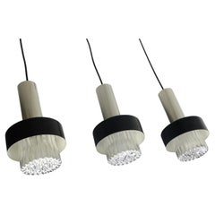 mid century modern 3-light PENDANT LAMP glass and chrome and black metal 1960s