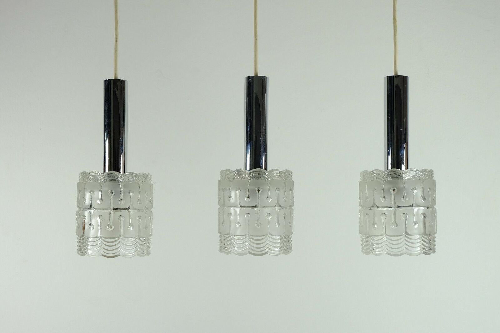 Mid-Century Modern 3-Light Pendant Lamp Glass and Chrome Hillebrand For Sale 3