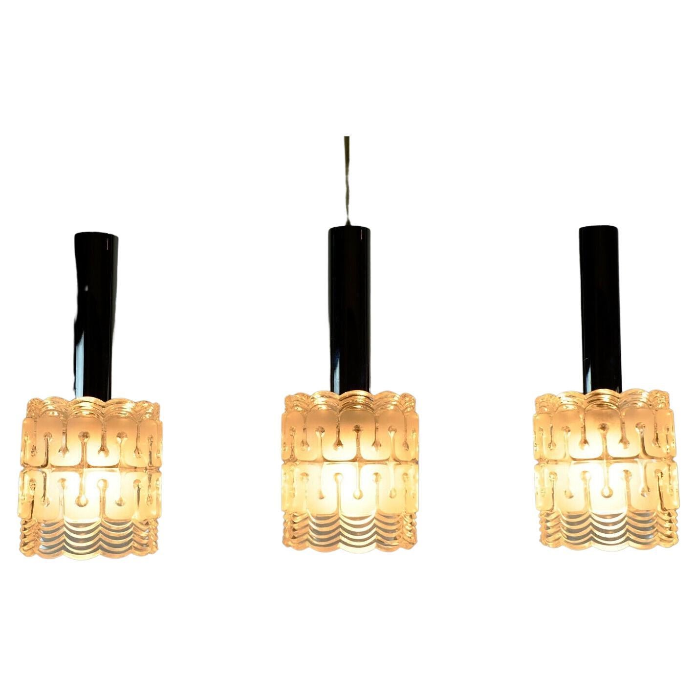 Mid-Century Modern 3-Light Pendant Lamp Glass and Chrome Hillebrand For Sale