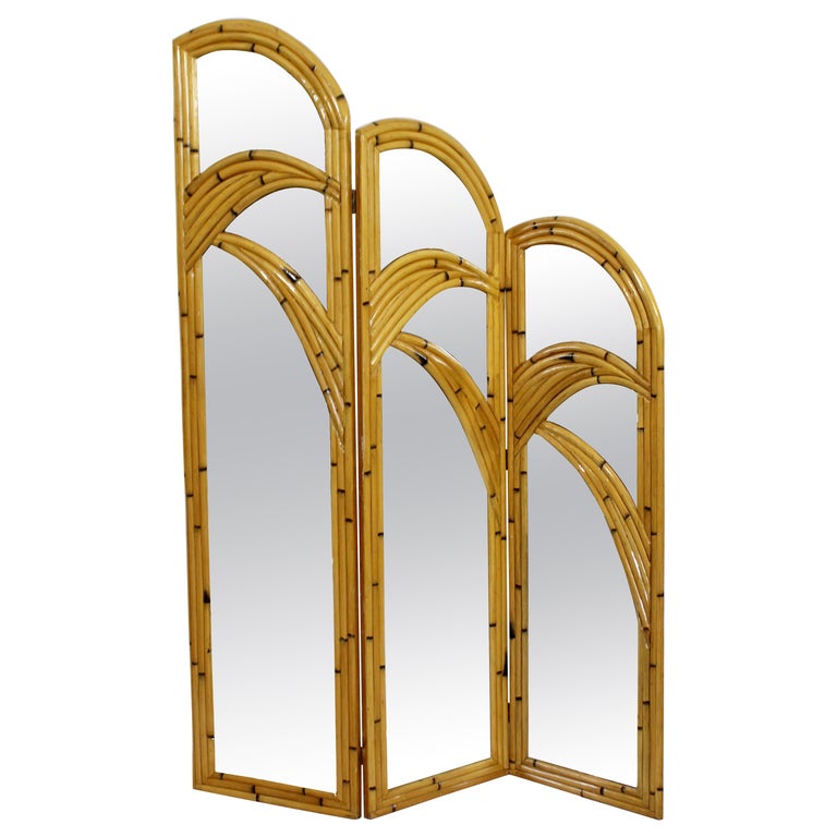 Mid Century Modern 3 Panel Rattan And Mirror Folding Screen